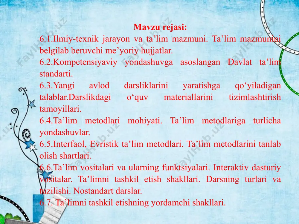 ing rivojlanish imkoniyatlarini aks ettiruvchi fanlarni kiritishni talab etadi. ta’lim mazmunining tashkiliy-jarayon bilan aloqadorlik tamoyili. bu tamoyil ta’lim mazmunini tanlashda bir tomonlama yondashishni rad etadi. u aniq bir o’quv jarayonini amalga oshirish bilan bog’liq tashkiliy shart-sharoitni hisobga olishni ko’zda tutadi. bu umumiy o’rta ta’lim mazmunini loyihalashtirish jarayonida taqdim etish va o’zlashtirish tamoyillari, texnologiyasi, darajasi va u bilan bog’liq xatti-harakatlarni hisobga olish kerakligini anglatadi. 4 ta’lim mazmunining yaxlit strukturaga aloqadorlik tamoyili. bu tamoyil ta’lim tizimining turli bosqichlarida nazariy bilimlarning berilishi, o’quv fani, o’quv materiali, pedagogik faoliyat, o’quvchi shaxsi kabi komponentlarining o’zaro mosligini ko’zda tutadi. ta’lim mazmunini insonparvarlashtirish tamoyili. bu tamoyil birinchi navbatda o’quvchilarning umuminsoniy va milliy madaniyatni faol ijodiy va amaliy o’zlashtirishlari uchun shart-sharoitlar yaratish bilan bog’liqdir. buning uchun insonparvar g’oyalar umumiy ta’lim mazmuniga singdirilishi kerak. bu esa o’z navbatida ijtimoiy-gumanitar va tabiiy-ilmiy fanlarning o’zaro bog’liqligi va o’zaro munosabatlari tamoyilining o’zgartirilishini talab etadi, uning asosini shaxsga yo’nalganlik tashkil etishi zarur. ta’lim …