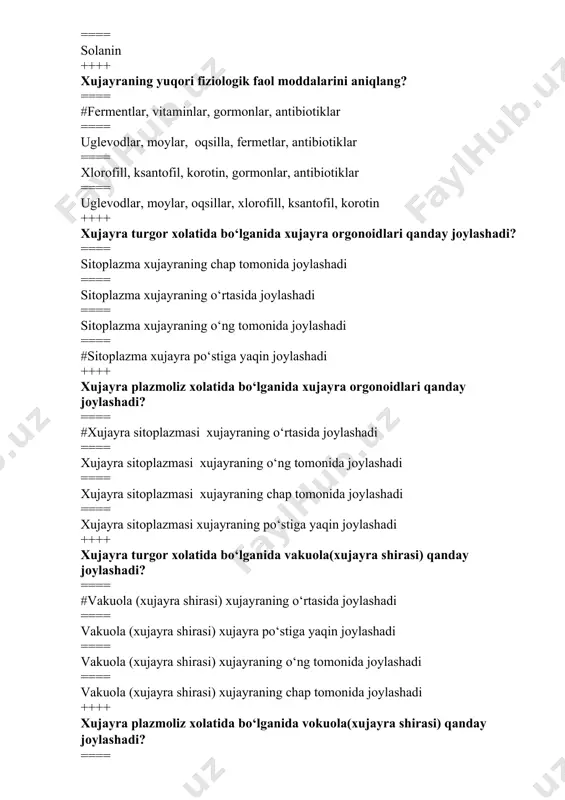 g o‘ng tomonida joylashadi ==== xujayra sitoplazmasi xujayraning chap tomonida joylashadi ==== xujayra sitoplazmasi xujayraning po‘stiga yaqin joylashadi ++++ xujayra turgor xolatida bo‘lganida vakuola(xujayra shirasi) qanday joylashadi? ==== #vakuola (xujayra shirasi) xujayraning o‘rtasida joylashadi ==== vakuola (xujayra shirasi) xujayra po‘stiga yaqin joylashadi ==== vakuola (xujayra shirasi) xujayraning o‘ng tomonida joylashadi ==== vakuola (xujayra shirasi) xujayraning chap tomonida joylashadi ++++ xujayra plazmoliz xolatida bo‘lganida vokuola(xujayra shirasi) qanday joylashadi? ==== vakuola(xujayra shirasi) xujayraning o‘ng toionida joylashadi ==== vakuola(xujayra shirasi) xujayraning o‘rtasida joylashadi ==== #vakuola(xujayra shirasi) xujayra po‘stiga yaqin joylashadi ==== vakuola(xujayra shirasi) xujayraning pastki qismida joylashadi ++++ ildiz xujayralari nimani xisobiga suv va unda erigan mineral moddalarni o‘zlashtiradi? ==== xujayradagi endoplazmatik to‘rning hisobiga ==== sitoplazmaning moddalar almashinuvidagi ishtiroki hisobiga ==== #xujayra shirasining (vokuolaning)konsentratsiyasi hisobiga ==== xujayradagi mitoxondriyaning hisobiga ++++ oddiy yorug‘lik mikroskopi buyumni necha marotaba kattalashtirib bera oladi? ==== 3000 ==== 1000 ==== 5000 ==== #2000 ++++ oddiy yorug‘lik mikroskopi buyumni necha …