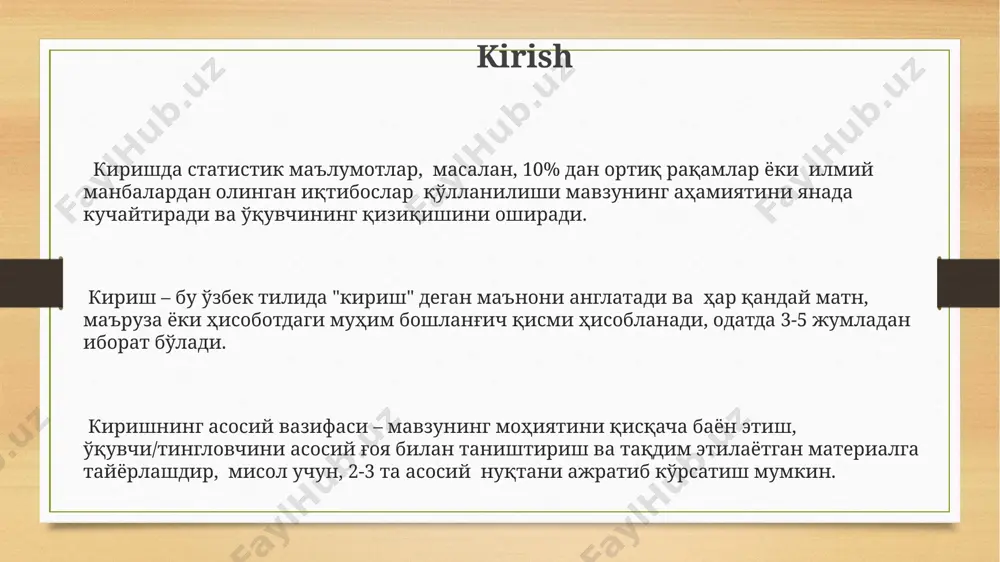 manbalari turlicha bo'lishi mumkin: ilmiy adabiyotlar, statistik ma'lumotlar, amaliy tajribalar va boshqalar, bu esa matnning ishonchliligi va ob'ektivligini oshiradi. "asosiy qism" atamasi, o'zbek tilida asosiy qism, markaziy qism yoki muhim qism degan ma'noni bildiradi va hujjatlar, loyihalar yoki prezentatsiyalar tuzilmasida 2-3 bo'limni o'z ichiga olishi mumkin. yechim echim – bu o'zbek tilida "echim" degan so'zning bir varianti bo'lib, u 10 dan ortiq dialektda uchraydi va uning leksik ma'nosi kontekstga qarab 2-3 ta ma'noni anglatadi. echim so'zining etimologiyasi turkiy tillar oilasiga tegishli bo'lib, uning asosiy ma'nosi "hal", "echish" va "chiqish yo'li" tushunchalarini o'z ichiga oladi, ta'riflar soni 5 gacha etadi. o'zbek adabiyotida "echim" so'zi 19-asrdan boshlab hujjatlarda uchrab, taxminan 2000 dan ortiq adabiy asarlarda 3 martadan ko'proq qo'llanilganligi kuzatiladi. muammo "muammo" so'zi bilan bog'liq 5 ta sinonim so'z mavjud bo'lib, ularning har biri muayyan kontekstda muammoning turli jihatlarini aks ettiradi, masalan, qiyinchilik, to'siq, vazifa, noqulaylik va xavf. muammo soʻzi oʻzbek tilida …