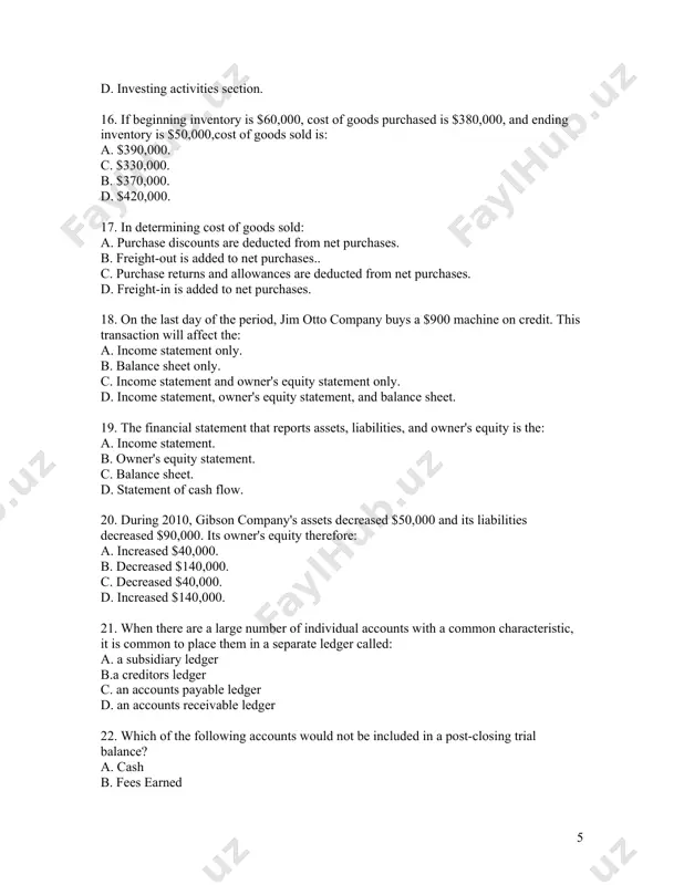 ank reconciliation, the amount of checks outstanding would be: a. added to the cash balance according to the bank statement. b. deducted from the cash balance according to the bank statement. c. added to the cash balance according to the depositor's records. d. deducted from the cash balance according to the depositor's records. 36. a profit-making business operating as a separate legal entity and in which ownership is divided into shares of stock is known as a: a. proprietorship b. service business c. partnership d. corporation 37. in periods of rising prices, lifo will produce: 38. a. higher net income than fifo. b. the same net income as fifo. c. lower net income than fifo. d. higher net income than average costing. 38. of the following items represents a deferral a. prepaid insurance b. fees earned c. wages payable d. accumulated depreciation 39. if the supplies account, before adjustment on …
