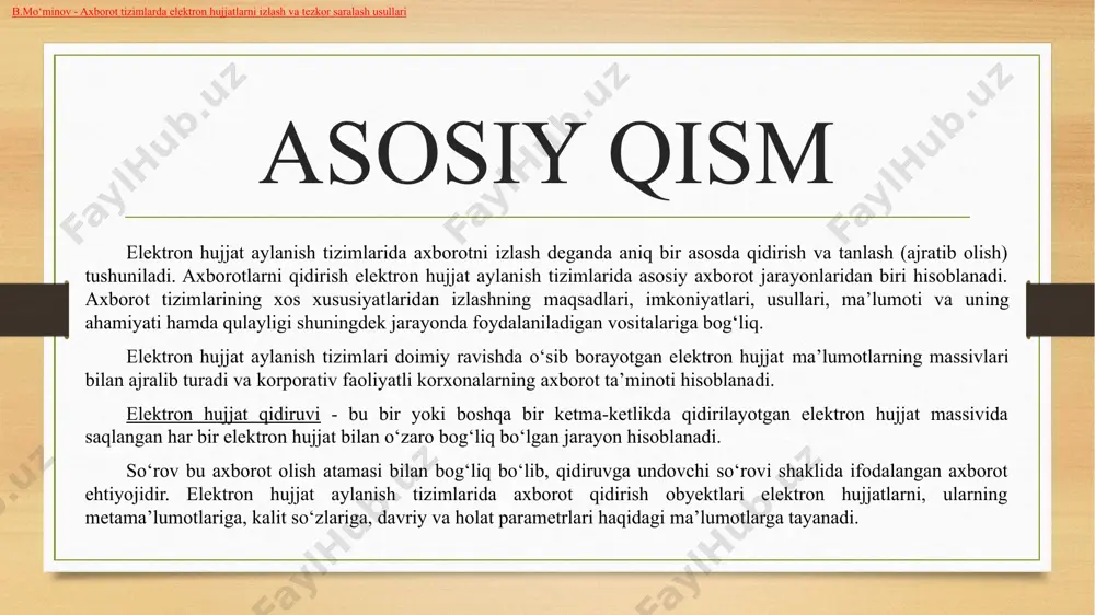 nlashga, elektron hujjat aylanishi ishtirokchilarining huquqlari va qonuniy manfaatlarini himoya qilishga, elektron hujjatdan foydalanish standartlari, normalari va qoidalarini ishlab chiqishga qaratilgan. 4-modda. elektron xujjat aylanishi. elektron hujjat aylanishi elektron hujjatlarni axborot tizimi orqali jo‘natish va qabul qilib olish jarayonlari yig‘indisidan iborat bo‘ladi. elektron hujjat aylanishidan bitimlar tuzish (shu jumladan shartnomalar tuzish), hisob-kitoblarni, rasmiy va norasmiy yozishmalarni amalga oshirish hamda boshqa axborotni uzatishda foydalanish mumkin. ushbu qonun 19-moddadan iborat 5-modda. elektron hujjat. elektron shaklda qayd etilgan, elektron raqamli imzo bilan tasdiqlangan va elektron hujjatning uni identifikatsiya qilish imkoniyatini beradigan boshqa rekvizitlariga ega bo‘lgan axborot elektron hujjatdir. elektron hujjat texnika vositalaridan va axborot tizimlari xizmatlaridan hamda axborot texnologiyalaridan foydalanilgan holda yaratiladi, ishlov beriladi va saqlanadi. elektron hujjat elektron hujjat aylanishi ishtirokchilarining mazkur hujjatni idrok etish imkoniyatini inobatga olgan holda yaratilishi kerak. 7-modda. elektron hujjatning yuridik kuchi. elektron hujjat qog‘oz hujjatga tenglashtiriladi va u bilan bir xil yuridik kuchga ega bo‘ladi. 8-modda. elektron …