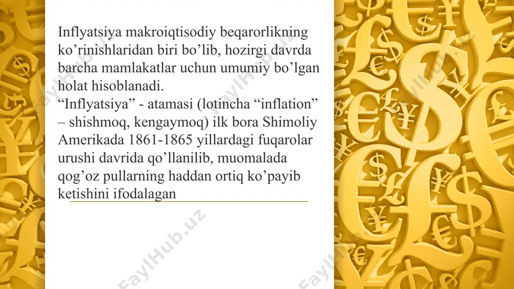 daromadlarning qadrsizlanishidir bunda tadbirkorlar sezilarli darajada moliyaviy yo’qotishlarga duchor bo’ladilar. inflyatsiya risklari tashqi risk hisoblanib, unga ta'sir qilish imkoniyatlari juda kichik bo'ladi inflyatsion risk moliyaviy risklarni tarkibiy qismi bo’lib, boshqa risklardan ajratilgan tartibda bo’lishiga qaramay investitsiya, kredit, valyuta va boshqa risklar bilan ham uzviy bog’liqdir inflyatsion risklarning yuzaga kelishning asosiy sabablari milliy iqtisodiyot ayrim sohalari o‘rtasidagi nomutanosibliklar jamg‘arma va iste’mol ortasidagi nomutanosibliklar talab va taklif orasidagi nomutanosibliklar davlat daromadlari va xarajatlari orasidagi nomutanosibliklar inflyatsya riski iste’mol narxlarini o’sishi va xarid qilib olish qobilyatining passayishi natijasida investitsiya daromadliligini kamaytiradi. inflyatsion risklar ko’zda tutilmagan moliyaviy yuqo`tishlar paydo bo’lish ehtimoli bilan xarakterlanganligi uchun, uning darajasini baholashda investitsiyalashdan ko’zda tutilayotgan daromadning o’rtacha yoki hisob miqdoridan chetlanishi aniqlanadi. shuning uchun investitsion risklarni baholash ko’zda tutilayotgan daromadlar va ularni yo`qotish ehtimolini baholash bilan bog’liq. 6 inflyatsion risklarning yuzaga kelishning asosiy sabablari milliy iqtisodiyot ayrim sohalari o‘rtasidagi nomutanosibliklar jamg‘arma va iste’mol ortasidagi nomutanosibliklar talab va taklif orasidagi …