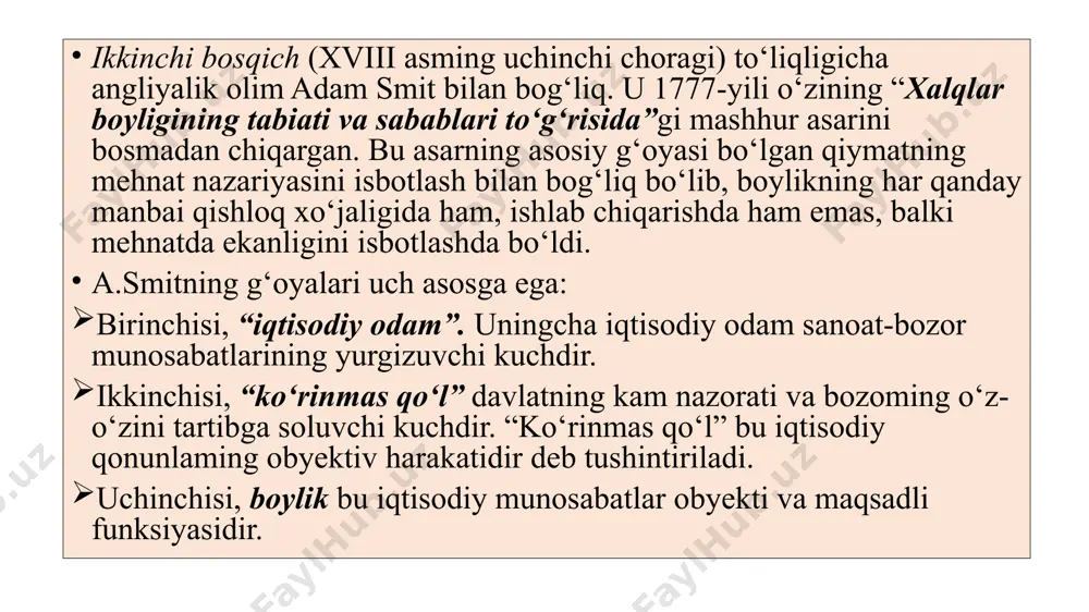 ishicha, boylik ishlab chiqarishda yaratiladi, muomala sohasida esa u faqat taqsimlanadi. boylik va pul nazariyalari. merkantilistlardan farqli ravishda, u.petti fikri bo‘yicha, nafaqat qimmatli metall va toshlar hamda pul boylik hisoblanadi, balki mamlakatning yeri, uylar, kemalar, tovarlar va hatto uy jihozlari ham boylikni tashkil etadi. bu masala bo‘yicha o‘z fikrini rivojlantirib, bizning davrda keng tarqalgan “mehnat - boylikning otasi, yer esa uning onasi ” degan iborani ishlatdi. mamlakat boyligini ko‘paytirish uchun u.petti qamoq jazosi o‘rniga pul jarimasini joriy etish zarurligini, pul to‘lashga “qurbi yetmagan o‘g‘rilarni” esa “qullikka” mahkum etishni, ishlashga majbur qilishni tavsiya etadi bu merkantilistlarga qarama-qarshi tarzda, boylik, eng avvalo, mehnat bilan yaratilishini bildiradi, ya’ni xo‘jalik hayotidagi pulning “asosiy” vazifasini inkor etadi. qiymat nazariyasi. u.petti nazariyalarining birida aytilishicha, tovar qiymati kumush qazib oluvchi mehnat bilan yaratiladi va uning «tabiiy bahosi» hisoblanadi; kumush qiymatiga tenglashtirilgan tovarlar qiymati esa ulaming «haqiqiy bozor bahosi» hisoblanadi. ikkinchi bir joyda qayd qilinishicha, tovar qiymati mehnat …