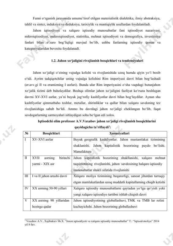 tegratsiya; 7 erkin iqtisodiy hududlar; 8 xalqaro korporatsiyalar; xalqaro iqtisodiy munosabatlar (asosan savdo) jahon xo‘jaligi vujudga kelmasdan oldin ham mavjud bo‘lgan. masalan: yevropa davlatlari o‘rtasidagi xim, mintaqalar (yevropa- shimoliy afrika, yevropa-yaqin sharq va h.k.) o‘rtasidagi xalqaro iqtisodiy munosabatlar. bu munosabatlar mintaqaviy xarakterga ega bo‘lgan. jahon xo‘jaligining vujudga kelishi (xviii asr oxiri va xix asr boshlari) va rivojlanishi bilan xalqaro iqtisodiy munosabatlar kengaydi va chuqurlashib, global xarakterga ega bo‘ldi. zamonaviy jahon xo‘jaligi bu - bozor iqtisodiyotining ob’ektiv qonunlariga bo‘ysinuvchi, o‘zaro bog‘liq bo‘lgan milliy iqtisodiyotlar birlashmasi, global iqtisodiy organizmdir. fanni o‘rganish jarayonida umume’tirof etilgan materialistik dialektika, ilmiy abstraksiya, tahlil va sintez, induksiya va deduksiya, tarixiylik va mantiqiylik usullardan foydalaniladi. jahon iqtisodiyoti va xalqaro iqtisodiy munosabatlar fani iqtisodiyot nazariyasi, mikroiqtisodiyot, makroiqtisodiyot, statistika, mehnat iqtisodiyoti va demografiya, investitsiya fanlari bilan o‘zaro bog‘liqligi mavjud bo‘lib, ushbu fanlarning iqtisodiy qonun va kategoriyalaridan bevosita foydalanadi. 1.2. jahon xo‘jaligini rivojlanish bosqichlari va tendensiyalari jahon xo‘jaligi o‘zining vujudga kelishi …
