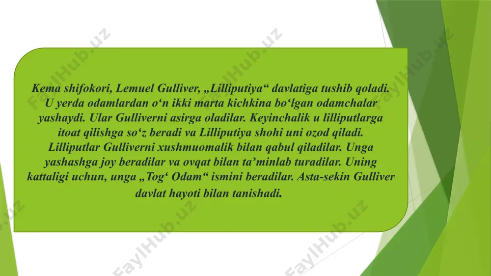 lgining barcha kõrinishlarini qamrab oladi. romanda satira va hajvnining õziga xos xususiyatlari mavjud bõlib, uni birinchi falsafiy romanlardan biri deyishimiz ham mumkin. asarbir vaqtning õzida turli xil shakllarni õz ichiga oladi: satira,fantaziya,utopiya,distopiya hatto siyosiy risola."gulliverning sayohatlari" jonatan sviftni butun dunyoga mashhur qildi va dunyoga noyob qahramon berdi. jahon klassikasi durdonasi bo’lgan ushbu asarda sarguzasht va safar talqini bizda va kelgusi avlodda qiziqishini ortirishda davom etadigan motiv sifatida qarasak bo’ladi. образец текста второй уровень третий уровень четвертый уровень пятый уровень e’tiboringiz uchun tashakkur! image1.emf image2.emf image3.emf image4.emf image5.emf