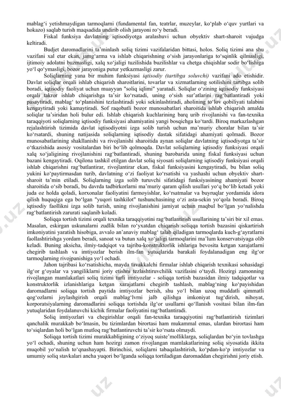 a, o‘z daromadlarini yashirishga urinadi. davlat o‘z fuqarolaridan yig‘ib olgan soliqlarni samarali va oshkora tarzda ishlatsa hamda fuqarolarning aksariyat qismi davlatning iqtisodiy, ijtimoiy va boshqa dasturlarini o‘z mablag‘lari hisobidan pul bilan ta’minlashga rozi bo‘lgandagina yuksak soliq ahloqi tamoyillari tantana qiladi. 2. soliqlar majburiy to‘lovlar hisoblanadi. soliqlarning to‘la va o‘z vaqtida to‘lanishi uchun javobgarlik soliq to‘lovchilar zimmasiga yuklangan bo‘lsa-da, ular ixtiyoriy emas, majburiy ravishda to‘laydilar, davlat soliq to‘lashdan bo‘yin tovlaganlarni qattiq jazolaydi. 3. davlat foydasiga soliq to‘lash orqali daromadning avvaldan belgilab qo‘yilgan, eng muhimi, qonuniy tartibda ko‘zda tutilgan qismi undirib olinadi. ko‘pgina davlatlarning, jumladan, o‘zbekistonning ham qonunlarida soliqlarni belgilash va ularning hajmlarini aniqlashga faqat oliy qonun chiqaruvchi hokimiyat yoki uning tomonidan vakolat berilgan organlar haqlidirlar, deb mustahkamlab qo‘yilgan. o‘zining xohish-istagiga qarab yangi soliqlar belgilash yoki ularning hajmlarini aniqlashga xech kimning haqqi yo‘q. to‘lovlarning qonuniy, ochiq-oydin xususiyatga ega bo‘lishi soliqlarning bosh tavsifidir. soliqlarning asosiy funksiyasi, fiskal (lotincha fiscus so‘zidan kelib chiqqan bo‘lib, …