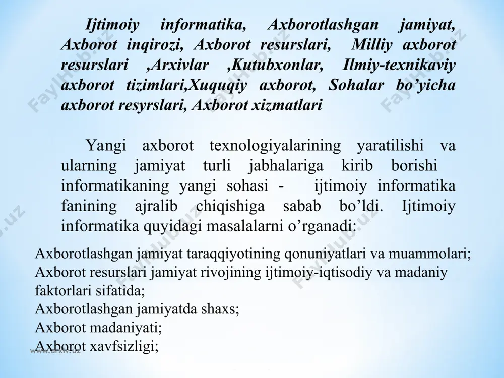 ilizatsiya yaratilish jarayonoga turtki bo’ldi. uchinchi information iqilob ( xix asr oxiri) aloqa vositalarining taraqqiyoti bilan bog’liq. telegraf , telefon va radio ma’lumotlarni turli masofalarga operativ uzatish va qabul qilish imkonini berdi.insoniyat taraqqiyotining aynan shu bosqichi “globallashuv” jarayonining debochasi bo’lib qoldi. axborot uzatish vositslarining taraqqiyoti tezkor va ishonchli aloqa vositalariga muxtoj bo’lgan fan va texnikaning gurkirab rivojlanishiga olib keldi. www.arxiv.uz www.arxiv.uz www.arxiv.uz www.arxiv.uz to’rtinchi information inqilob ( xx asrning 70–yillari) mikroprotsessorli texnika va xususan, personalkompyuterlarning paydo bo’lishi bilan bog’liq.shuni ta’kidlab o’tish lozimki, axborot revolyutsiyasiga хх asr o’rtalarida kompyuterlarning paydo bo’lishi emas, mikroprotsessorli tizimlarning keng tarqalishi sabab bo’ldi. ushbu jarayon axborotlarni saqlash va izlash tizimlarini radikal o’zgartirib, kompyuterli telekommunukatsiyalarning paydo bo’lishi va rivojlanishiga olib keldi. aynan to’rtinchi information inqilob “axborotlashgan jamiyat” rivogiga asos soldi. www.arxiv.uz www.arxiv.uz axborot katta oqimlarining vujudga kelishi vujudga kelishiga: bilimlarning turli sohalari bo’yicha davriy nashrlarning ko’payib borishi; masalan, хх asr boshlarida ilmiy xodim uchun fizika sohasida chop …