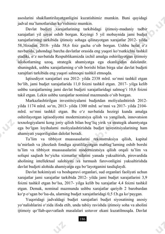 ijtimoiy himoyalash xarajatlarining izchil ravishda ortib borayotganligi davlatimiz tomonidan kuchli ijtimoiy siyosatning moliyaviy 87 o‘zbekiston respublikasi moliya vazirligi ma’lumotlari. asoslarini shakllantirilayotganligini kuzatishimiz mumkin. buni quyidagi jadval ma’lumotlaridan ko‘rishimiz mumkin. davlat budjeti xarajatlarining tarkibidagi ijtimoiy-madaniy tadbir xarajatlari yil sayin oshib borgan. keyingi 5 yil mobaynida jami budjet xarajatlarining tarkibida ijtimoiy sohaga qilinayotgan xarajatlar 2012- yilda 58,3foizdan 2018- yilda 58,6 foiz gacha o‘sib borgan. ushbu holat o‘z navbatida, jahondagi barcha davlatlar orasida eng yuqori ko‘rsatkichni tashkil etadiki, o‘z navbatida respublikamizda izchil amalga oshirilayotgan ijtimoiy islohotlarning uzoq, strategik ahamiyatga ega ekanligidan dalolatdir. shuningdek, ushbu xarajatlarning o‘sib borishi bilan birga ular davlat budjeti xarajtlari tarkibida eng yuqori salmoqni tashkil etmoqda. iqtisodiyot xarajatlari esa 2012- yilda 2338 mlrd. so‘mni tashkil etgan bo‘lib, jami budjet xarajatlarida 11,0 foizni tashkil etgan. 2017- yilga kelib ushbu xarajatlarning jami davlat budjeti xarajatlaridagi salmog‘i 10,6 foizni takil etgan. lekin ushbu xarajatlar nominal mazmunda o‘sib borgan. markazlashtirilgan investitsiyalarni budjetdan moliyalashtirish 2012- …