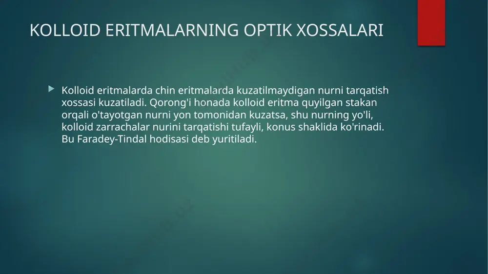 musbat zaryadga ega bo‘lib qoladi. undan ko‘p miqdor fecl3 qaytadan koagullovchi ta’sir ko‘rsatadi, keyinchalik zarrachalar yana qaytadan zaryadlanadi elektrolit aralashmalari bilan koagullash ikki yoki bundan ortiq elektrolitlar aralashmasi bilan kolloid eritmaga birga ta’sir ettirishning uch xili bo‘lishi mumkin : 1) elektrolitlarning jami koagullovchn ta’siri (additivlik); 2) bir elektrolit ikkinchisining ta’sirini susaytiradi (antagonizm); 3) bir elektrolit ikkinchisining ta’sirini kuchaytiradi (sinergizm) dispers biologic suyuqliklarda boradigan jarayonlar odam organizmidagi qator biologik suyuqliklar kolloid sistemalarga tegishli bo`lib, ularda boradigan jarayonlar yuqorida ko‘rib o‘tilganlarga nixoyatda yaqin bo‘ladi. biologik suyuqliklar (birlamchi siydik, qon zardobi) tarkibida ca2+, po4 3- va oksalat ionlari hamda ularning tuzlari bo‘ladi. bunday ionlardan iborat sistemalar oddiy sharoitda beqarordir. ammo biologik suyuqliklarda bu tuzlar odatda eritma holatida bo‘ladi. bunga biosistemalarda saqlangan oqsil tabiatli moddalar (proteinlar) sabab bo‘lib, ular ta’sirida ca3(po4)2va cac2o4 ning koagullanish bo‘sag‘alarining bir necha marotaba ortishi va demak, koagulyasiyaga nisbatan bo‘lgan barqarorligining kuchayishidir kolloid eritmalarning tibbiyotdagi ahamiyati kolloid sistemalar va kolloidlar …