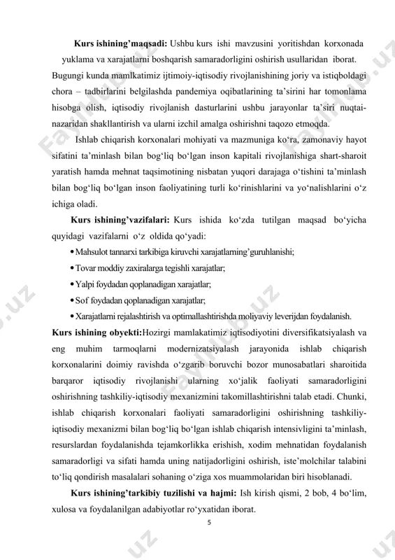 ; noishlab chiqarish xarajatlari. 2. ishlab chiqarishda sarf etiladigan resurslarning’manbaiga ko’ra: ichki xarajatlar; tashqi xarajatlar. 3. mahsulot ishlab chiqarish hajmining’o’zgarishiga nisbatan: doimiy xarajatlar; o’zgaruvchan xarajatlar. 4. mahsulotning’tannarxiga olib borilishi jihatidan: bevosita xarajatlar; bilvosita xarajatlar. 5. korxonaning’umumiy ishlab chiqarish, moliyaviy va boshqa xo’jalik faoliyati natijasida yuzaga keladigan: · mahsulot tannarxiga kiritiladigan xarajatlar; · davr xarajatlari; · moliyaviy faoliyat bo’yicha xarajatlar; · favqulodda zararlar. ishlab chiqarish xarajatlari bevosita ishlab chiqarish jarayonini amalga oshirish bilan bog’liq quyidagi xarajatlardan tashkil topadi: · bevosita moddiy material xarajatlari; · bevosita mehnatga haq to’lash xarajatlari; · ishlab chiqarishga taalluqli ustama xarajatlar. bevosita mahsulot ishlab chiqarish jarayoni bilan bog’liq bo’lmagan xarajatga noishlab chiqarish xarajatlari deb yuritiladi. uning’tarkibiga: · mahsulotni sotish bilan bog’liq xarajatlar; · ma’muriy boshqaruv xarajatlari; · boshqa operatsion xarajatlar va zararlar; · moliyaviy faoliyat bo’yicha xarajatlar; · favqulodda zararlar kiradi. korxonalarning’ishlab chiqarish jarayonida foydalaniladigan o’ziga tegishli resurslar sarfi uning’ichki xarajatlarini, tashki mol yetkazib beruvchilar va boshqa …
