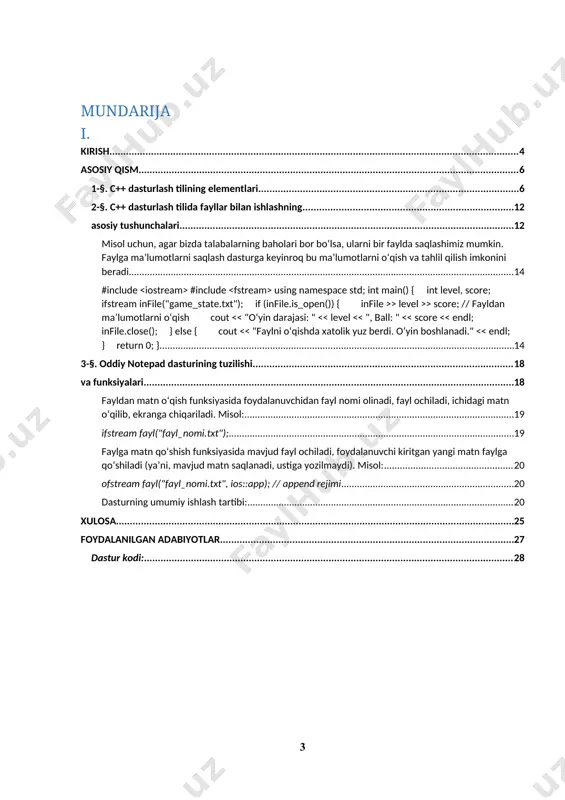 orqali quyidagi maqsadlarga erishiladi: – c++ dasturlash tilida fayllar bilan ishlashni o‘rganish.; – foydalanuvchi interfeysini yaratish va dasturda sodda menyu tizimini qo‘llash; – dastur tuzilishini yaratish va foydalanuvchi bilan o‘zaro aloqani ta’minlash. kurs ishining vazifalari. kurs ishini amalga oshirish jarayonida quyidagi vazifalar bajariladi: fayl ochish, unga yozish, o‘qish va yopish amallarini o‘z ichiga olgan dastur tuzish. kurs ishining dolzarbligi. ushbu kurs ishining dolzarbligi yuqori, chunki hozirgi kunda matn muharrirlari, masalan, notepad kabi oddiy dasturlar har kuni ishlatiladi; c++ dasturlash tilida bunday dasturlarni yaratish orqali fayllar bilan ishlashni o‘rganish. kurs ishining obyektlari. kurs ishining asosiy obyektlari quyidagilardan iborat: matn muharriri dasturi, c++ dasturlash tili, foydalanuvchi interfeysi, fayl operatsiyalari, foydalanuvchi tanlovi, konsol interfeysi. asosiy qism 1-§. c++ dasturlash tilining elementlari hozirgi kunda juda ko‘p algoritmik tillar mavjud. bular ichida java va c++ dasturlash tillari universal tillar hisoblanib, boshqa tillarga qaraganda imkoniyatlari kengroqdir. so‘ngi yillarda java va c++ dasturlash tillari juda takomillashib, tobora …