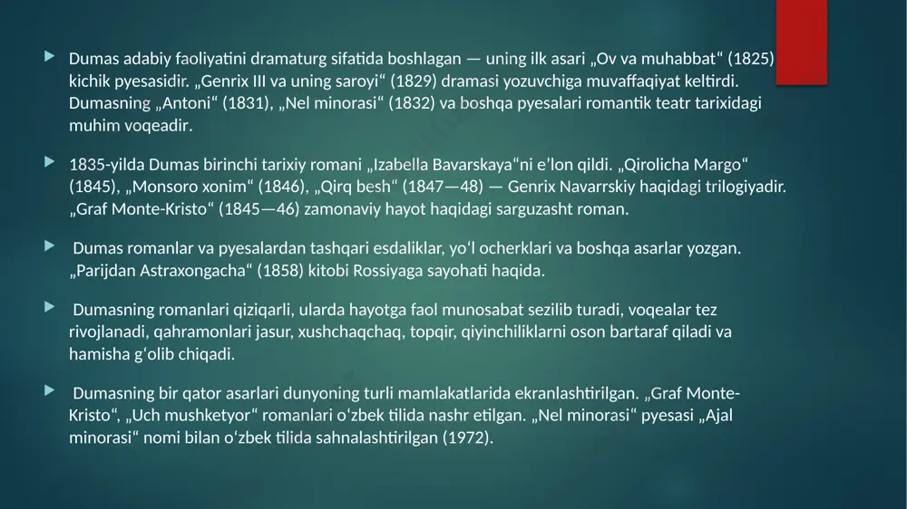 es bilan birga iwlagan va unga hasadi tufayli unga qarshi fitna uyushtirgan. asarning konflikt turi inson-inson inson-jamiyat tarixiy haqiqat va badiiy to’qimaning asar syujetidagi o’rni roman badiiy to’qima asosida yozilgan bo’lib, aleksandr dyumaning ushbu fransuz adabiyotining klassik asari sarguzasht asosiga qurilgan bo’lib, muallif uni o’rtayer dengiziga sayohat qilayotganida,montekristo orolini ko’rgan va u yerda ko’milgan xazinalar haqida afsonalar eshitgan.bundan keyin qahramon ismini o’ylab topgan. muallif orol nomini o’zgartirgan xolos. lekin jamiyatdagi tuzumlar davrga mos yoritilgan. asarning bosh qahramoni, dengizchi edmind dantes, kema kapitaninig o’lim oldi vasiyatini bajarish maqsadida parijga xat bilab keladi. portga kelganda esa qo’shni qishloqdagi mersedes ismli qizga uylanishni maqsad qiladi. lekin dushmanlarining harakatlari natijasida if qal’asiga qamqladi. u yerda dantes faria ismli abbat bilan tanishib undan goyat kata xazina ko’milgan joyni bilib oladi. qamoqdan qochib xazinani topadi va dushmanlaridan qasos oladi. asar syujetida qahramonlar, detallar va obraz, joylar timsolida muhit kitobxon uchun juda ajoyib aniqlik bilan keltiriladi. asarning …