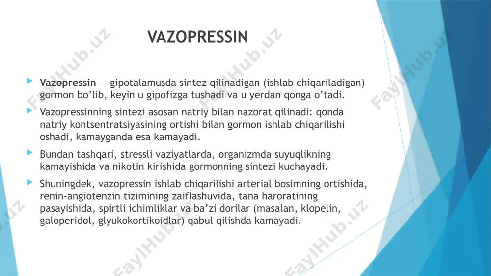 ilan kechadigan yomon sifatli o’smalarning miyaga metastazi; kasallik tug’ma bo’lishi mumkin. nefrogen qandsiz diabet sabablar kasallik tug’ma bo’lishi mumkin (eng keng tarqalgan sababi); kasallik ba’zan buyrakning miya moddasi yoki nefronning siydik naychalari shikastlanishi bilan kechadigan ma’lum sharoitlar yoki kasalliklar bilan bog’liq bo’ladi; noyob anemiya (o’roqsimon hujayrali); buyrak polikistozi (ko’p kistalar) yoki amiloidoz (amiloid to’qimasida cho’kma); surunkali buyrak yetishmovchiligi; qonda kaliyning ortishi yoki kalsiyning pasayishi; buyrak to’qimasiga toksik ta’sir qiluvchi dorilarni qabul qilish (masalan, litiy, amfoteritsin b, demeklotsilin); ba’zida zaiflashgan bemorlarda yoki qarilik davrida paydo bo’ladi. biroq, barcha holatlarning 30% da qandsiz diabet kasalligining sababi aniqlanmaganligicha qoladi. chunki o’tkaziladigan barcha tadqiqotlar ushbu kasallikning rivojlanishiga olib keladigan har qanday kasallik yoki omil mavjudligini ko’rsatmaydi. qandsiz diabet alomatlari qandsiz diabet rivojlanishiga olib keladigan sabablar turli bo’lishiga qaramasdan, kasallikning belgilari va alomatlari barcha turlarida deyarli bir xil. biroq, kasallik alomatlarining namoyon bo’lish kuchliligi darajasi ikki narsaga bog’liq: nefron kanalchalarining retseptorlari vazopressinga qanchalik sezgir emasligi; …