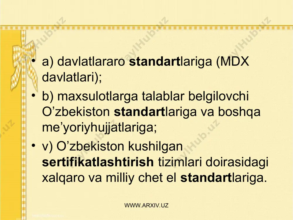 tidagi harajatlar nisbati orqali ta’riflanadi. www.arxiv.uz www.arxiv.uz sifatni boshqarish ishlari bo’yicha xalqaro tashkilotlar 1957 yilda yevropa sifatni nazorat qilish tashkiloti (esnkt) yaratilgan bo’lib, u metrologiyaga birinchi darajali ma’no bera oladagan mintakaviy tashkilotga misol bo’ladi. yesnkt yevropaning 17 davlatini birlashtirgan bo’lib mahsulot sifatini oshirishga karatilgan nazorat uslub va vositalarini ishlab chiqarish, targibot qilish, mukamallashtirish, mahsulot tannarxini kamaytirish, mehnat unumdorligini oshirish, hamda sifati bo’yicha muammolarning yechilishida ilmiy asoslarni ishlab chiqarish kabi vazifalarni bajaradi. www.arxiv.uz www.arxiv.uz bu vazifalarni bajarish uchun yesnkt har yil ilmiy-texnik anjumanlar, seminarlar o’tkazadi. doimiy texnik kumitalar bilan bir qatorda maxsus kumita va sektsiyalarni tuzadi, har kvartalda bosiladigan "sifat" jurnalini chiqaradi. shuningdek anjuman ishlarini chop qiladi, mutaxassislarni ukitadigan kurslarni tashkil qiladi va x.k. www.arxiv.uz www.arxiv.uz www.arxiv.uz www.arxiv.uz hozirgi paytda yesnkt sifatni nazorat qilish bo’yicha amerika assotsiyasi va injenerlar, ilmiy ishchilar yaponiya ittifoki o’rtasida xalqaro sifat assotsiatsiyasi yaratilgan. bu tashkilotning vazifasi dunyo mikyosida ishlab chiqariladigan buyumlarning sifatini nazorat qilishdan iborat. www.arxiv.uz …