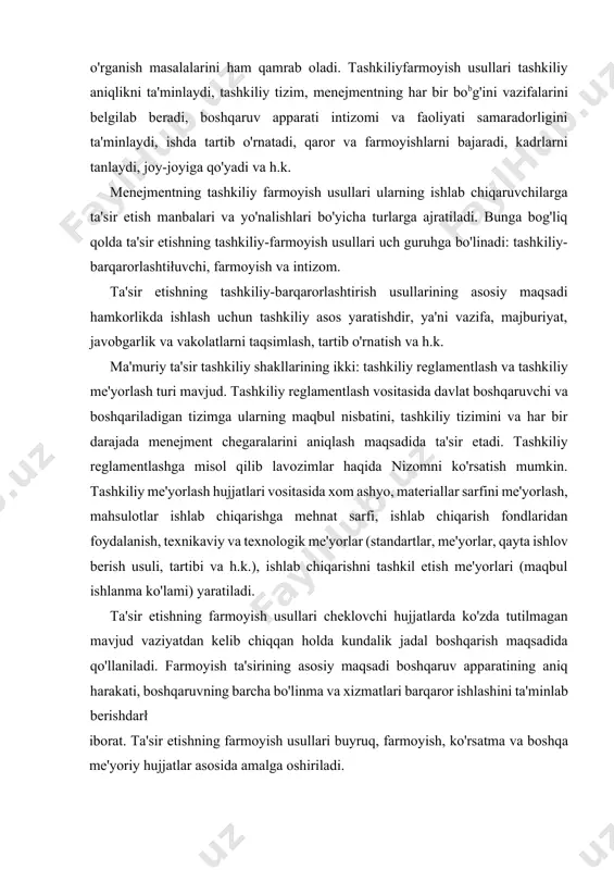 a'sir etishning farmoyish usullari cheklovchi hujjatlarda ko'zda tutilmagan mavjud vaziyatdan kelib chiqqan holda kundalik jadal boshqarish maqsadida qo'llaniladi. farmoyish ta'sirining asosiy maqsadi boshqaruv apparatining aniq harakati, boshqaruvning barcha bo'linma va xizmatlari barqaror ishlashini ta'minlab berishdarł iborat. ta'sir etishning farmoyish usullari buyruq, farmoyish, ko'rsatma va boshqa me'yoriy hujjatlar asosida amalga oshiriladi. buyruq bu rahbarning qo'] ostidagi xodim]ardan ma'lum vazifani bajarishni yozrna yoki og'zaki ravishda talab qilishidir. buyruq faqat chiziqli menejment tizimi rahbari tomonidan beriladi. farmoyish — xodirnlardan ayrirn ishlab chiqarish va xo'jalik masalalarini hal etishni talab qilishdir. farmoyish boshliq o'rinbosarlari, xizmatlar boshliqlari tomonidan ular ega bo'lgan vakolatlar doirasida beriladi. menejment amaliyotida qo'llaniladigan ta 'sir qilish usullaridan biri og'zaki ko'rsatmadir. ta'sir etishning bunday shaklini barcha darajadagi rahbarlar, lekin ko'pincha quyi darajadagi komandirlar, brigada boshliqlari, ustalar qo'llaydilar. farmoyish vositasida ta'sir etish bajarish muddatlari bilan farq qiladi. buyruq va farmoyishlar uzoq yoki qisqa muddatga mo'ljallangan bo'ladi. har bir buyruq yoki farmoyishda qanday vazifa bajarilishi, …