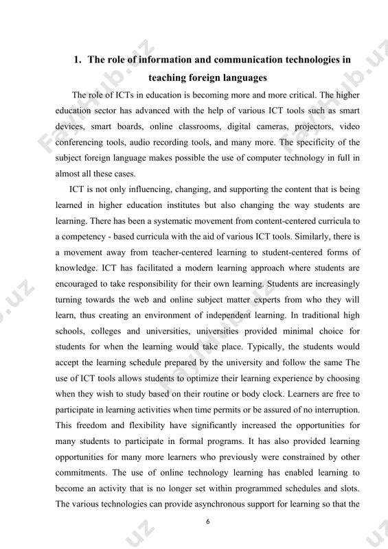vironment of independent learning. in traditional high schools, colleges and universities, universities provided minimal choice for students for when the learning would take place. typically, the students would accept the learning schedule prepared by the university and follow the same the use of ict tools allows students to optimize their learning experience by choosing when they wish to study based on their routine or body clock. learners are free to participate in learning activities when time permits or be assured of no interruption. this freedom and flexibility have significantly increased the opportunities for many students to participate in formal programs. it has also provided learning opportunities for many more learners who previously were constrained by other commitments. the use of online technology learning has enabled learning to become an activity that is no longer set within programmed schedules and slots. the various technologies can provide asynchronous support for learning so …