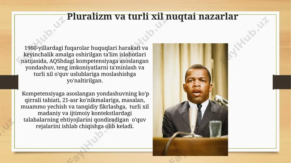 idual yondashuvga bog'liq. liberalizm va erkinlik aqshda liberalizmning 18-asrda, ayniqsa, mustaqillik deklaratsiyasi va 1787-yilgi konstitutsiya orqali shakllanishi, individual erkinlik va huquqlarga alohida e'tibor qaratgan. kaliforniya shtati kabi ba'zi hududlar, iqtisodiy erkinlik va bozor mexanizmlarini qo'llab-quvvatlash orqali, liberalizmning iqtisodiy jihatlarini 21-asrda yanada rivojlantirishga harakat qilmoqda. demokratiya va teng imkoniyatlar aqshdagi kompetensiyaga asoslangan yondashuv demokratiyaning 20-asrning o'rtalaridan boshlab rivojlanishi va teng imkoniyatlarga erishish uchun 50 dan ortiq shtatlarda amalga oshirilgan ijtimoiy dasturlar bilan bog'liq. teng imkoniyatlarga erishish uchun kompetensiyaga asoslangan ta'lim kaliforniya shtati kabi mintaqalarda, iqtisodiy jihatdan zaif 100000 dan ortiq o'quvchilarga yuqori sifatli ta'lim olish imkoniyatini taqdim etishda muhim rol o'ynaydi. konstruktivistik o'rganish nazariyasi ushbu nazariya, o'quvchilarning oldingi bilimlari va tajribalari asosida, yangi ma'lumotlarni individual ravishda talqin qilishini va 7 ta asosiy printsipga asoslanganligini ta'kidlaydi. konstruktivistik o'rganish nazariyasi, 20-asrning ikkinchi yarmida, ayniqsa, shveysariya va aqshdagi psixologlar tomonidan 1960-yillardan boshlab rivojlantirildi va bilimning faol qurilishiga urg'u beradi. funksionalizm va ijtimoiy ehtiyojlar funksionalistlarning …