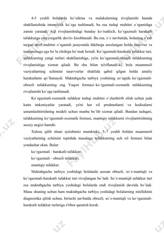 cha tarbiya yoshidagi bolalarning intellektini diagnostika qilish uchun, birinchi navbatda obrazli, so`z-mantiqli va ko`rgazmali-harakatli tafakkur turlariga e'tibor qaratish kerak. biz bayon qilayotgan psixodiagnostik metodikalar tafakkurning aynan mana shu ikki turiga taalluqlidir. obrazli – so`z-mantiqli tafakkur ham, ko`rgazmali-harakatli tafakkur ham o`ziga xos bir qancha xususiyatlarga ega. ushbu xususiyatlar har xil topshiriqlar echimini izlash bosqichlarida namoyon bo`ladi. mana shu bog`lanishlar va munosabatlar tufayli bolalardagi obrazli – so`z-mantiqli va ko`rgazmali-harakatli tafakkurni diagnostikalash uchun, biz har ikkala tafakkur turining muhim jihatlarini inobatga olgan holda, ushbu tafakkur turlariga beshtadan metodika tavsiya qilamiz. kichik va katta maktabgacha tarbiya yoshidagi bolalarning intellektual taraqqiyot ko`rsatkichlari yosh davrlari bilan bir-biridan farqlanishi sababli, ushbu metodik majmuaga 3 yoshdan 4 yoshgacha va 4 yoshdan 5 yoshgacha bolalarning yoshidagi farqlarni inobatga olgan holda alohida har xil variantlar kiritilgan. endi har ikkala tafakkur turiga tavsiya qilingan metodikalarga to`xtalib o`tamiz. obrazli, so`z-mantiqli tafakkur turini baholash uchun metodikalar «mantiqsiz tasvirlar» metodikasi ushbu metodika yordamida bolaning …