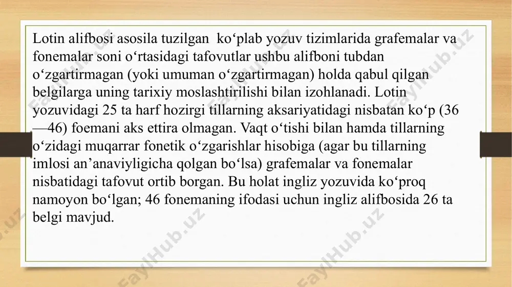 hliga ma’lum bo‘ladi va ularning grammatik jihatdan o‘rganilishi xix asrda qiyosiy-tarixiy tilshunoslik fanining rivojiga katta yordam ko‘rsatdi. lotin yozuvi (dunyo aholisining 30% ga yaqini foydalanadi) fonetik arab yozuvi (10% ga) grafik-xitoy yozuvi (25% ga yaqin) bo‘g’inli xind yozuvi (20% ga yaqini) qolgan boshqa yozuv sistemalari (yunon, yaxudiy, efiopiya, gruzin, arman yozuvlari va bulardan dunyo aholisining 5% ga yaqini foydalanadi) slavyan-kirill yozuvi (10% ga yaqini) o‘zbek yozuvi tarixi eramizdan avvalgi i ming yillik o‘rtalarida eron, o‘rta osiyo va boshqa o‘lkalarda oromiy yozuvi tarqala boshladi eramizdan oldingi i-iii asrlarda oromoy yozuvi bilan bir qatorda yunon va karoshta yozuvlari ham ishlatilgan. oromiy yozuvi negizida avesto, xorazm, sug’d, kushon, run, uyg’ur yozuvi va boshqa yozuvlar vujudga kela boshladi xorazm yozuvi oromiy yozuvining eng qadimiy an’analari saqlab qolgan yozuvdir. ii asrning oxiri iii asrning boshlarida xorazm shohi chiqargan pullarda xorazm yozuvi uchraydi. v-viii asrlar davomida turkiy xalqlarning o‘rxun-enisoy, ya’ni “turkiy-run” yozuvidan keng foydalanganlar. vii-viii asrlarda …