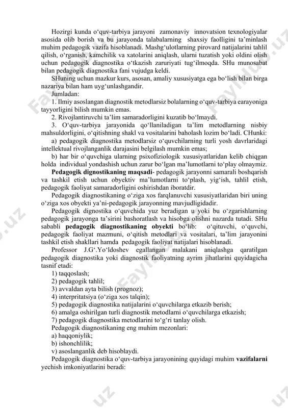 g qaysi biri shu lahzada kritik ahamiyatga ega bo‘lishi haqida tezkor va ishonchli axborot beradi. shuning uchun ta’lim-tarbiya va metodik jarayonlarning barcha tarkibiy qismlarini tashxis qilib turish muhim ahamiyat kasb etadi. pedagogik diagnostikaning mazmuni deganda metodik va pedagogik jarayonning, bola shaxsi, pedagog yoki rahbarning faoliyati darajasidan qat’i nazar, tezkor o‘rganilishi va baholanishi, tartibga solinishi va korreksiyasi (to‘g‘rilanishi) tushuniladi. pedagoglarning faoliyati va shaxsini o‘rganish - metodik ishlarning sifati va samaradorligini oshirishning muhim omilidir. metodik ishlar pedagoglarning bolalarga ta’lim-tarbiya berish va ularni rivojlantirish bilan bog‘liq faoliyatida yuqori natijalarga erishish uchun yordam berishga qaratilgan. ushbu masalani nafaqat keyingi takomillashtirish, balki har bir pedagogning mavjud imkoniyatlarini har tomonlama hisobga olish shartlaridagina bajarish mumkin. pedagogik diagnostika o‘quvchining o‘zlashtirishi, o‘qishdagi qiyinchiliklarini, uning o‘qishiga ta’sir qilayotgan ijtimoiy, oilaviy omillarni o‘rganishga yo‘naltirilgandir. diagnostika natijalari esa ta’lim-tarbiya jarayonini to‘g‘ri rejalashtirish, yo‘l qo‘yilgan xatolarni tuzatish, psixologik-pedagogik profilaktika ishlarini olib borish imkonini beradi. hozirgi kunda o‘quv-tarbiya jarayoni zamonaviy innovatsion texnologiyalar asosida …
