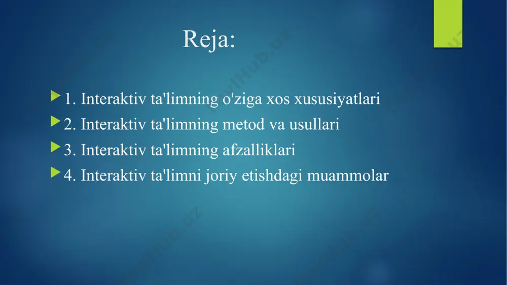 hitib yoki o‘qib emas, balki o‘zlari faol ishtirok etgan holda o‘zlashtiradilar. bunda o‘quvchilar turli muammolarni hal qilishda, guruh ishlarida, roli o‘yinlarida yoki muhokama jarayonida qatnashadilar. 2. o‘qituvchi va o‘quvchi o‘rtasida ikki tomonlama aloqalar an'anaviy ta'limda o‘qituvchi ko‘pincha monolog tarzida ma'lumot beradi. interaktiv ta'limda esa o‘qituvchi va o‘quvchi o‘rtasida dinamik va samarali muloqot bo‘ladi. o‘qituvchi o‘quvchilarga savollar berishi, fikrlar almashishi va ularning fikrlarini tinglash orqali o‘qish jarayonini boyitadi. 3. o‘quvchilarga o‘z-o‘zini baholash va mustaqil fikrlash imkoniyatini yaratish nteraktiv ta'limda o‘quvchilar o‘zlarining bilim va ko‘nikmalarini baholash imkoniyatiga ega. bu, o‘z-o‘zini baholash usullarini (masalan, testlar, ishlanmalarda baholash) qo‘llashni o‘z ichiga oladi. bunday yondashuv o‘quvchilarning mustaqil fikrlashini, tanqidiy fikrlash ko‘nikmalarini rivojlantiradi. 4. texnologiyalarni qo‘llashning ahamiyati interaktiv ta'limda texnologiyalar va raqamli vositalardan keng foydalaniladi. elektron ta'lim platformalari, smart taxtalar, video materiallar, simulyatsiyalar va boshqa raqamli vositalar orqali o‘quvchilar bilimlarni ko‘proq interaktiv tarzda o‘zlashtiradilar. bu texnologiyalar o‘quvchilarning diqqatini jamlashni va o‘rgangan materialni yaxshiroq eslab qolishni osonlashtiradi. …