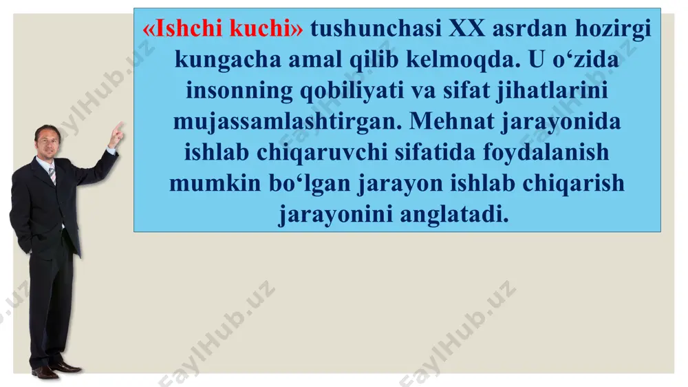 a tashkilotlarning o‘zaro munosabatlari ham uzoq davom etish xususiyatiga ega. masalan, fransiyada inson o‘rta hisobda bir korxona yoki tashkilotda 16 yil mehnat qiladi. yaponiyada esa to pensiyaga chiqquncha yollanadi. to‘rtinchidan, moddiy va tabiiy resurslardan farqli o‘laroq, odamlar ko‘p hollarda korxona va tashkilotga ongli ravishda, muayyan maqsadlarni ko‘zlagan holda keladilar va ana shu maqsadlarni amalga oshirishda o‘zi ishga joylashgan korxona yoki tashkilotdan yordam kutadilar. inson resurslarini boshqarish sohasidagi mutaxassislar oldiga quyidagi yangi vazifalarni qo‘ydi: xodimlar malakaviy darajasini zamonaviy iqtisodiyotning qattiq talablariga mos kelishini ta’minlash, chunki bu iqtisodiyotda tayanch ko‘nikmalar har besh yilda eskirib qoladi; rivojlangan mamlakatlarda ishchi kuchiga bo‘lgan ortib boruvchi harajatlarni qat’iy nazorat ostiga olish, yakka tartibdagi kompensatsiya paketlarining raqobatbardoshligini saqlab qolish; korxonaga endi kelmaydigan xodimlarning tashkilotga aloqadorligini qo‘llab-quvvatlash usullarini qidirib topish va ularda tashkilotga mansublik tuyg‘usini rivojlantirish; bu xodimlar uyda ishlashlari mumkin va tashqi olam bilan elektron aloqa vositalari yordamida muomala qiladilar. image2.jpg image3.png image4.jpeg image5.png image6.png image7.png image8.png …