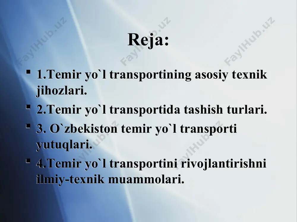 atini uzaytirish uchun birmuncha elastik bo’lishi kerak. relslar. temir yo’llar qurilishida standart relslardan foydalaniladi. relslarning xili ularning bir metrining massasiga qarab (kg/m) belgilanadi. poyezdlarning og’iriigi, tezligi va serqatnovligj qancha katta bo’lsa, temiryo'1 uchun massasi shuncha katta bo’lgan relslar qollanilishi ko’zda tutiladi. shaxtalarda p18, p24, p33, p38, p43, p50 tipidagi relslar, ochiq kon ishlarida esa p38, p43, p50, p65 tipidagi relslar ishlatiladi. relslar uzunligi esa ularni yotqizish joyigacha tashish usuliga qarab 8—25 metrgacha bo’ladi. yer osti yuk tashish lahimlarida bir mctrining og’irligi 10 kg/m dan kam bo’lmagan relslardan foydalaniladi. geologorazvedka ishlarida er osti temir yul xarakatida rudniklar elektrovozi va vagonchalar ishlatiladi. rudnik elektrovozlari man`ba turiga karab kontaktli va akkumulyatorli buladi. kontaktli elektrovozlar ishlatilganda kontakt simlarinitortish uchun kushimcha xarajatlar talab kiladi. kichik podstantsiyalar va ularga elektr tokini olib kelishga tugri keladi. akkumulyatorli elektrovozlar bunday ishlar talab kilinmaydi, elektr energiya elektrovozga joylashtirilgan akkumulyator batareyalari orkali beriladi. geologorazvedka ishlarida asosan akkumulyatorli elektrovozlar ishlatiladi. yer …