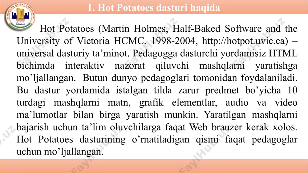 yoki elektron darsliklarning sinov qismiga joylashi mumkin. yaratilgan fayllar html formati ko’rinishda bo’lganligi va aksariyat elektron darsliklar shu tilda yaratilayotganligi sababli, mashqlarni biriktirishda hech qanday muammo tug’ilmaydi. e’tiboringiz uchun ramat! image1.png image2.png image3.png image4.png image5.png image6.png image7.png image8.png image9.png image10.png /docprops/thumbnail.jpeg
