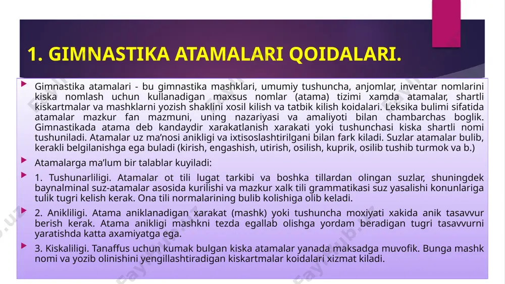 - gimnastikasining tayanchga tananing old tomoni bilan turish xolati; - oldinga - kiska yul bilan bajariladigan xarakat yunalishi xakida kursatma, xarakatning yagona bulishi mumkin bulgan yunalishi; - belgilangan uslubga tugri keladigan kul, oyok, uchi, kaftlar xolatining kursatilishi; - engashishlarda tana xolati; - sakrab utirishlarda oyoklar xolati; - qo’l yoki oyoqlar xarakati haqida gap ketganda oldinga kuyish, kutarish, tushirish va b. suzlari; - uzunasiga - kundalang - u yoki bu sport anjomiga eng tugri keladigan odatdagi xolatlarda. turnik, maxsus xalka, turli balandlikdagn bruslar, eshakda uzunasiga atamasi, parallel bruslarda kundalang atamasi tushirib koldiriladi: - "yuqoridan ushlash", -"ichkariga sakrab o’tish"; - sakrash yoki sakrab tushish - agar bu sport anjomi nomiga tugri kelsa; - "engashib", agar bajarish texnikasi bu xolatni oldindan bajargan bulsa, masalan oldinga silkinish bilan, turish, orkaga silkinish bilan sakrab tushish; - "kaftlar ichkariga" - pastga, oldinga, orkaga, yukoriga kullar xolatida; - "kaftlar pastga“ - kullar tomonga yoki chapga, unga va …