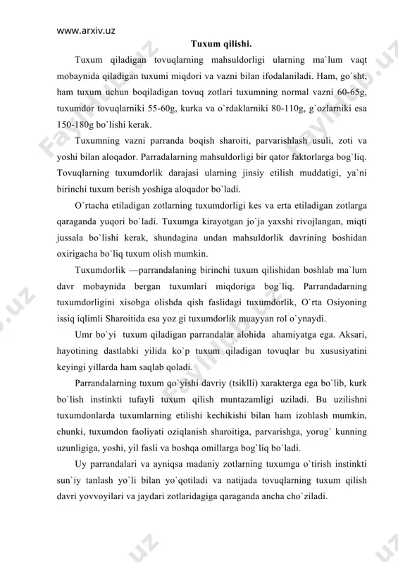 irish instinkti sun`iy tanlash yo`li bilan yo`qotiladi va natijada tovuqlarning tuxum qilish davri yovvoyilari va jaydari zotlaridagiga qaraganda ancha cho`ziladi. s. i. bogolyubskiyning ta`kidlashiga ko`ra, issiq iqlimli tumanlarda parrandachilikning mahsuldorligini oshirishdеk muhim masalani hal qilish uchun ichki muhiti tartibga solib turiladigan parrandaxonalar qurish hamda aynan shu tumanlar sharoitiga obdon moslashgan sеrmahsul parranda zotlari yaratish lozimdir. tovuqlarning yarim umri qo`no`qli tovuqxonalarda o`tadi. shu boisdan issiq havodan saqlanish uchun qo`noqlarni ratsional jihozlash g`oyat muhim tadbirlardan hisoblanadi. agar. qo`noqlar еtishmasa,tovuqlar kеchalari dam olganda qanotlari bir-biriga tеgib turadi, bu esa havo almashinuviga to`sqinlik qilib, parrandalarning normal dam olishiga halaqit bеradi. hatto, tovuqxona tеmpеraturasi 12,9° s ga tеng bo`lganda ham, dam olayotgan ovuqlarning qanotlari bir-biriga tеgib tursa, qanotlar orasidagi harorat 39° gacha ko`tariladi. bu esa tovuqlarning dam olish rеjimini izdan chiqaradi va shu sababli ularning 23,5% i tunda tik turib dam olishga majbur bo`ladi. jazirama issiq iqlimli tumanlarda qo`noqlardagi havoning yurishini yaxshilash maqsadida qo`noqning uzunligini …