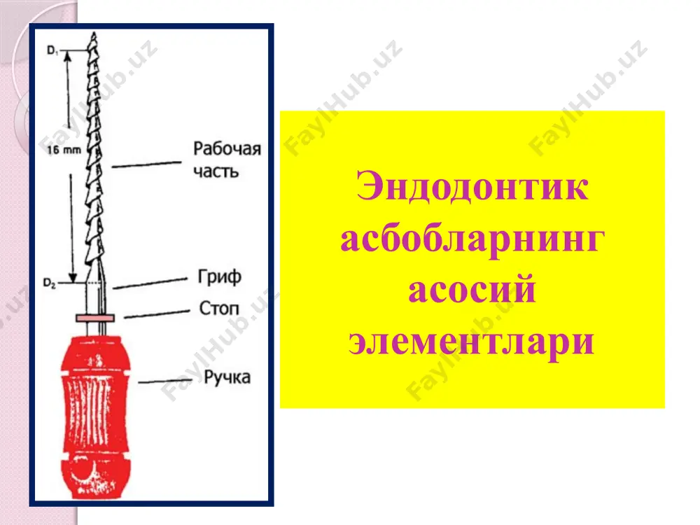 иш учун асбоблар илдиз каналини ўтиш учун асбоблар k-reamer (керр дрили). k-flexoreamer – спираль қадамини камайганлиги хисобига эгилувчан бўлади. k-fiexoreamer golden medium – оралиқ размерли асбоблар. k-reamer forside – ўта ингичка каналларни ўтиш учун ишлатилади. илдиз каналини кенгайтириш учун асбоблар к – файл учун н – файл учун 1 – стандарт н-файл: кесув бурчаги 60-70°, учи ўткир (агрессив). қийшиқ каналда перфорация, зинапоя вужудга келтириши мумкин. 2 – а-файл, хедстрим файлнинг модифицирлангани: кесув бурчаги 40°, учи ўтмас. илдиз каналини ўлчаш учун думалоқ илдиз чуқурлигини ўлчагич (глубиномер) – канални ўтувчанлигини ва йўналишини аниқлайди. пахта турундалар учун илдиз игнаси – кўндаланг кесиги думалоқ, зигзагсимон жойлашган ўйиқлари бор. миллернинг илдиз игнаси – кўндаланг кесиги тўртбурчак. диагностик игналарнинг чўққиси ўтмас бўлади. каналдаги юмшоқ тўқимани олиш учун ишлатиладиган асбоблар пульпоэкстрактор – тузилиши бўйича рашпильга ўхшайди. ишчи қисмида турли юзаларда жойлашган 40 га яқин тишчалар бор. тишлар ўлчами стержн диаметрининг ярмига тенг. кесув юзаси асбобнинг ушлагичи томонига …
