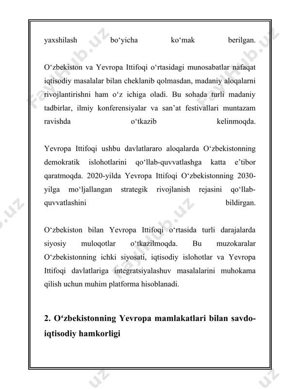 azib keladi. - 2018-yilda toshkentda bo'lib o'tgan "yevropa madaniyati uchrashuvi" festivalida 12 ta yevropa davlatidan san'atkorlar va musiqachilar ishtirok etib, o'z an'anaviy madaniyatlarini namoyish etganlar. - "fransiya oyligi" doirasida har yili toshkent va boshqa shaharlarda fransuz san'ati, kinematografiyasi va musiqa an'analariga bag'ishlangan tadbirlar o'tkaziladi. - 2019-yilda o'zbekiston shveysariya bilan hamkorlikda yangi madaniyat markazini tashkil qilib, o'zaro madaniy almashinuvlar dasturlarini kengaytirdi. 3. **san'at va ijodiy hamkorlik:** - 2020-yilda o'zbekiston va germaniya o'rtasida muzey va san'at sohasida hamkorlik memorandumi imzolandi. ushbu memorandum doirasida ikki davlatning san'at asarlari bilan ko'rgazmalar tashkil etildi. - yevropa davlatlari o'zbekistonda haykaltaroshlik, teatr, musiqa va boshqa san'at yo'nalishlarida seminarlar va master-klasslar o'tkazish orqali tajriba almashinmoqda. - 2019-yilda o'zbekistonda italiyaning mashhur opera ijrochilari va dirijyorlari ishtirokida bir qator konsertlar va operalar namoyish etildi. 4. **ilmiy tadqiqotlar va hamkorlik:** - o'zbekiston va yevropa ittifoqi o'rtasida 2018-yilda ilmiy tadqiqotlar sohasida o'zaro hamkorlikni kuchaytirish uchun memorandumlar imzolandi. - yevropa ittifoqining horizon 2020 …