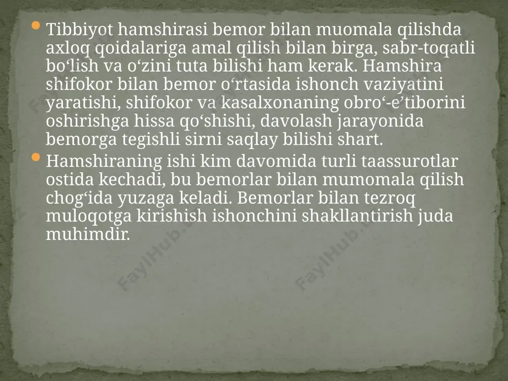 b) eshitish, ko‘rish, eslash qobiliyati va hayotga qiziqishning pasayishi; d) tezda dil og‘rishi(xafa bo‘lish); e) kasallikni qarilikka yo‘yib, davolanish va sog‘ayishga ishonmaslik. hamshira endoskopiya, zondlash, inyeksiyalar qiush va boshqa diagnostika muolajalariga tayyorlashda nazariy va amaliy bilimlarini to‘la ishga solishi, bajarilayotgan muolajalar yetarli natija berishiga erishishi va laboratoriya-diagnostika muolajalaridan aniq ma’lumot olinishini ta’minlashi lozim. ba’zi xijolatli muolajalar (huqna qilish, siydik yo‘llarini kateterlash, bemorlarga tuvak tutish, ginekologik muolajalar)ni bajarishda bemorga sharoit yaratish, juda odobli va mulohazali bo‘lish zarur. hamshira bilan bemorlar muomalasida hamshiraning shaxsi ham muhim ahamiyat kasb etadi. u o‘z kasbini sevishi, ajoyib texnikaviy qobiliyat va ko‘nikmalarga ega bo‘lishi mumkin, lekin hamshira o‘zining shaxsiy xususiyatlariga ko‘ra bemorlar bilan tez-tez ixtiloflar chiqarib tursa uning kasb fazilatlari yetarli samara bermaydi. haqiqiy mahorat yo‘li hamisha uzoq va mashaqqatli bo‘ladi. zarur ish uslubini yaratish va bemorga yaxshi ta’sir ko‘rsatish san'atini puxta egallash tibbiyot xodimi uchun muhimdir. xardi «vrach, hamshira, bemor» degan kitobida hamshiralarning 6 xilini …