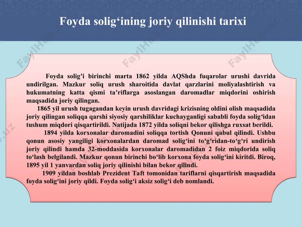 ar yuridik shaxslardan olinadigan daromad (foyda) soligʻi iv - bosqich 2007-2017 yillar yuridik shaxslardan olinadigan foyda soligʻi v - bosqich 2018 yildan foyda soligʻi foyda solig‘ining joriy qilinishi, iqtisodiy mohiyati va ahamiyati iqtisodiy mohiyatiga ko’ra foyda solig‘i to’g’ri soliqlar tarkibiga kirib, u davlat byudjeti daromadlarini shakllantirishda asosiy manbalardan biri hisoblanadi. davlat byudjeti daromadlaridagi salmog‘i 2004-yilda 7,0 foizni tashkil etgani holda, 2006-yilda 5,4 foizni, 2018-yilda esa 4 foizni tashkil etgan, ya’ni tahlil etilgan 15 yil davomida ushbu ko‘rsatkich 2,2 barobarga kamaygan. bu holat yuridik shaxslardan olinadigan foyda solig‘i stavkalarining mazkur yillarda pasayib borganligi bilan izohlanadi. biroq, 2019-yilda foyda solig’ining salmog’i 11,6 foizli bandga ortgan va 15,6 foizni tashkil etgan. bunday o’sish foyda solig’i to’lovchilarining keskin ortishi bilan izohlanadi. foyda solig‘ining joriy qilinishi, iqtisodiy mohiyati va ahamiyati 2023 yil uchun o‘zbekiston respublikasi davlat budjeti daromadlari prognozi* *ўзбекистон республикаси президентининг 2022 йил 30 декабрдаги пқ-471-сон қарорига 3-илова. mlrd so‘m т/р ko‘rsatkichlar summa foizdа …