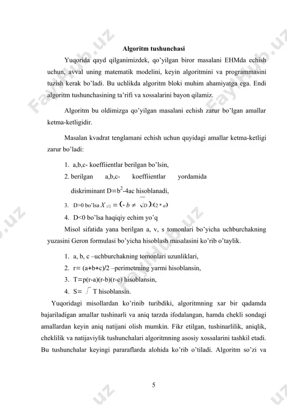 a quyidagi sharti oldin berilgan takrorlanuvchi strukturaning mos kelishini ko‘rish mumkin. kiritish (n); s=0; i = 0; agar ( i > n ) => (8); i = i + 1; s = s + i ; shartsiz o‘tish=> (4); 8) muhrlash (s). bu algoritmga mos blok-sxema 2.15- rasmda keltirilgan. 2.15-rasm. 1 dan n gacha bo‘lgan sonlar yig‘indisini hisoblash blok-sxemasi 4-misol. haqiqiy x sonining n chi darajasini hisoblash masalasi ko‘riladi. uning matematik modeli: q = xn ko‘rinishga ega. takrorlanuvchi jarayonni tashkil etish quyidagidan farqli, yuqoridagilar bilan bir xil: - ko‘paytirish jarayoni uchun boshlang‘ich qiymat berilishi: q = 1 ; - joriy natijani hisoblash: q = q * x ifoda bo‘yicha amalga oshiriladi. shunday qilib, x ning n chi darajasini hisoblash uchun takrorlanuvchi jarayonni tashkil etish blok-sxemasi 2.16-rasmda keltirilgan. 2.16-rasm. hisoblash blok-sxemasi 5-misol. quyidagi munosabatni hisoblash kerak bo‘lsin [2, 55-56 b.]: n x i s = ∑ . i =1 i! munosabatni …