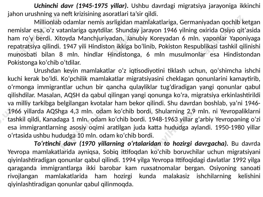 oitlari va ish haqi о‘rtasida yuzaga kelgan sezilarli farq ishchi kuchlarini mamlakatlararo kо‘chib yurishiga sabab bо‘luvchi muhim omil bо‘lib hisoblanadi. masalan, aqsh va meksikadagi daromadlarning taxminan bir-biridan farq qilishi meksikalik ishchilarni aqshga ish qidirib kо‘chib о‘tishlarini asosiy sababi bо‘lib hisoblanadi. 80-yillarning boshida yevropa hamjamiyati mamlakatlarida aholi jon boshiga tо‘g‘ri keladigan yangi milliy mahsulot hajmi jamiyatga a’zo bо‘lmagan mamlakatlarnikidan 4,7 marta ortiq bо‘lgan. shunday qilib yer yuzida boy va rivojlanmagan malakatlarning mavjudligi xalqaro mehnat bozori amal qilishi belgilovchi asosiy omil hisoblanadi. jahon mehnat bozorining ahvoli u yoki bu davlatlarning iqtisodiy rivojlanish sur’atlarining о‘zgarishiga bog‘liq bо‘ladi. jumladan, bunday bog‘liqlikni davriy pasayishlar va kо‘tarilishlar paytida jahon bozorida ishchi kuchiga bо‘lgan talab va takliflar bevosita aks etadi hamda mamlakat qanchalik yirik bо‘lsa uning ta’siri ham shunday kuchli bо‘ladi. mas alan, 1991-1992 yillarda dunyoning rivojlangan mamlakatlarida davriy pasayish rо‘y berdi. buning natijasida 1992 yilning о‘rtalariga kelib rasmiy rо‘yxatdan о‘tgan ishsizlar soni 30 mln. oshib ketdi. …