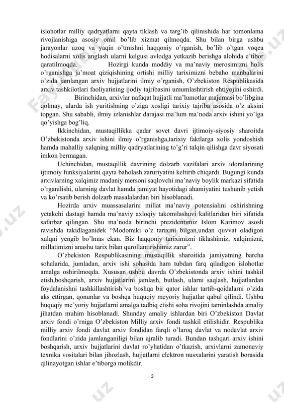 dan o’tkazish, arxivlarni zamonaviy texnika vositalari bilan jihozlash, hujjatlarni elektron nusxalarini yaratish borasida qilinayotgan ishlar e’tiborga molikdir. shuningdek, respublika milliy arxiv fondining bo’linmas tarkibiy qismi hisoblangan andijon viloyatidagi davlat arxivlari va uyerda saqlanayotgan fondlar tavsifi,hususan mustaqillik yillarida vakolatli davlat organlari tomonidan ishlab chiqilgan huquqiy meyoriy hujjatlar asosida andijon viloyatidagi arxivlar ishining tashkil etilishi va rivojlantirilishi masalalarini o’rganish arxiv ishi sohasining dolzarb muammolaridan biri hisoblanadi.o’zbek xalqining haqqoniy tarixini tiklashda respublikamiz arxivlarida saqlanayotgan manbalarning ahamiyati kattadir. i. o‘zbekistonda respublikasidagi davlat arxivlarining tashkil topishi. 1.1 namangan viloyati davlat arxivlarining shakilanishi. namanganda arxiv ishi 1936-yilda davlat arxivi bazasi asosida tashkil etilgan. 1941-yili namangan viloyati tashkil etilgach, viloyat davlat arxivi deb qayta nomlangan. 1960-yildan andijon viloyati davlat arxivining namangan shahar filiali sifatida faoliyat yuritgan. 1986-yilga kelib, namangan viloyati davlat arxivi deb qayta nomlangan. arxiv jamg‘armalarida namangan viloyati siyosiy-iqtisodiy, madaniy va ijtimoiy taraqqiyotiga oid sovet hukumati davrini yorituvchi hujjatlar jamlangan. namangan viloyati arxiv jamg‘armalarida sovet hokimiyatining …