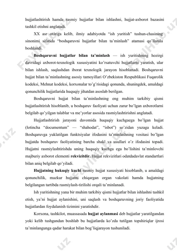 ositalari majmuasi kiradi. personalni boshqarish tizimining ish yuritish asosiy funktsiyalariga quyidagilar kiradi: · kadrlar masalalari bo’yicha hujjatlarni rasmiylashtirish; · kelib tushayotgan va etkazib berilayotgan hujjatlar bilan ish olib borish; · hujjatlarni ijrochilarga belgilangan muddatda etkazib berilishini ta’minlash; · personal bo’yicha shaxsiy hujjatlarni ro’yxatga va hisobga olish, saklash; · mazkur korxona yoki tashkilot uchun belgilab qo’yilgan tartibda xodimlar shaxsiy ishlarini shakllantirish; — personalga oid hujjatlar ijrosini nazorat qilish. korxona va tashkilotda hujjatlar aylanmasiga qarab, ish yuritishni markazlashtirilgan (alohida bo’linma — kanselyariya, umumiy bo’lim, kotibiyatda) yoki markazlashtirilmagan (tarkibiy bo’linmalar yoki xizmatlarda) holda yo’lga qo’yish mumkin. amaliyotda ko’pincha bu ikki shakldan ham (boshqaruvni hujjat bilan ta’minlash bo’yicha eng muhim hujjatlar bilan alohida bo’linmada markazlashtirilgan holda, boshqa hujjatlar bilan esa tarkibiy bo’linma va xizmatlarda) aralash holda foydalaniladi. personalni boshqarishda hujjatlashtirishning quyidagi tizimlari mavjuddir. 1. tashkiliy-farmoyish tizimi. bu tizim tarkibida quyidagilar mavjuddir: · tashkiliy hujjatlar (nizom, qoidalar, yo’riqnomalar); · farmoyish hujjatlari (qaror, buyruq, farmoyish); · …