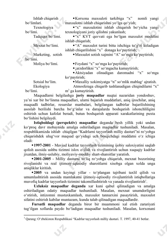 ushuniladi. masalan, korxona bo‘limlari oldida bir yil ichida quyidagi funktsional joriy maqsadlar qo‘yilgan bo‘lishi mumkin. joriy maqsadlar ishlab chiqarish bo‘limlari. · korxona maxsuloti tarkibiga “x” nomli yangi maxsulotni ishlab chiqarishni yo‘lga qo‘yish; texnologiya bo‘limi. · “x” maxsulotini ishlab chiqarish bo‘yicha yangi texnologiyani joriy qilishni yakunlash; tadqiqot bo‘limi. · “x” kvt quvvati ega bo‘lgan maxsulot modelini ishlab chiqarish; mexnat bo‘limi. · “a” maxsulot turini bitta ishchiga to‘g‘ri keladigan ishlab chiqarilishini “x” donaga ko‘paytirish; marketing, sotish bo‘limi. · maxsulot sotish xajmini “a” so‘mga ko‘paytirish; moliya bo‘limi. · foydani “x” so‘mga ko‘paytirish; · ¡arzdorlikni “x” so‘mgacha kamaytirish; · aktsiyadan olinadigan daromadni “x” so‘mga ko‘paytirish; sotsial bo‘lim. · maxalliy xokimiyatga “n” so‘mlik mablag‘ ajratish. ekologiya bo‘limi. atmosferaga chiqarib tashlanadigan chiqindilarni “x” m3 ga kamaytirish. maqsadlarni belgilashga joriy maqsadlar nuqtai nazaridan yondoshuv, ya’ni xar bir bo‘linma maqsadlari, ularni bajarish muddatlari, aniq ijrochilar, aniq maqsadli tadbirlar, resurslar manbalari, belgilangan tadbirlar bajarilishining asoslab berilishi barcha bo‘g‘inlar va …