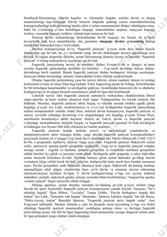 vi bilan ham siylaydi»1[footnoteref:4] deb ta’kidlagan. [4: 2 yusuf hos hojib. qutadg’u bilig.-т.: fan, 1971 y., 329-b.] adolatli davlat boshqaruvi, uning mukammal nazariy asoslarini yaratish borasida ulkan ilmiy meros qoldirgan o‘rta asrlar mutafakkiri, davlat arbobi nizomulmulkning “siyosatnoma” asari muhim manba hisoblanadi. u amaldorlarni axloqiy fazilatlarigaqarab tanlash, adolat va insofni oyoq osti qiladigankishilarni davlat ishlariga aralashtirmaslikni, davlatni boshqarishda kengash bilan olib borish, faoliyatlarni muntazam nazoratqilish, itoat, ijro va sifatlari to‘g‘risidagi qarashlari bilan ahamiyatlidir. ayniqsa, nizomulmulkning«ko‘pchilik bo‘lib qabul qilingan tadbir eng savobli bo‘ladi va shunday yo‘l tutish kerak»1 degan fikrlari ajdodlarimizning davlat qurilishining adolatli tartibotlarigakatta e’tibor berganligidan dalolatdir. ijtimoiy-siyosiy taraqqiyotning ma’naviy asoslarini o‘rganishda o‘rta osiyoda vujudga kelgan tasavvufchilik oqimining ahamiyati ham alohida muhim o‘rin tutadi. tasavvuf garchi islom bag‘rida nish urib, qur’on va hadislar hikmatidan oziqlangan, ko‘p hollarda shariat ahkomiga suyangan bo‘lsada, lekin u rasmiy diniy aqidaparastlik va mutaassiblikka hamda hokim tabaqalarning ayshu-ishratlarga g‘arb turmush tarzi, talonchilik va manfaatparastlikka zid o‘laroq, mehnatkash …