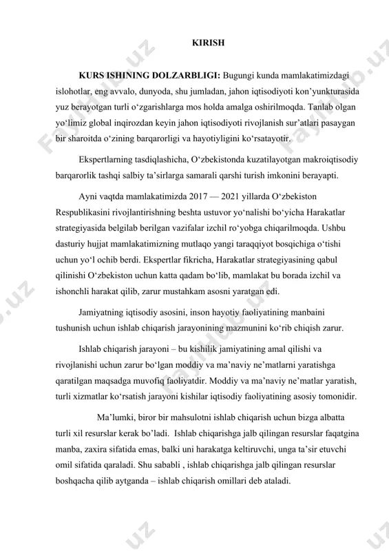 araladi. shu sababli , ishlab chiqarishga jalb qilingan resurslar boshqacha qilib aytganda – ishlab chiqarish omillari deb ataladi. iqtisodiy resurslar esa , tovar xizmatlar, ya’ni ne’matlar ishlab chiqarish uchun foydalaniluvchi barcha, tabiat, inson va inson tomonidan yaratilgan resurslar tushuniladi. kurs ishining maqsadi: ishlab chiqarish omillari o`rganish va taxlil etih va bu orqali ishlab chiqarish omillari bozorini tuzulishi va o`zoro bog`liqliligini hamda ishlab chiqarish sharoitida ishlab chiqarish omillari bozorini o`rganish. kurs ishining vazifasi: 1. ishlab chiqarish omillari tushunchasi va mohiyati 2. korxonada ishlab chiqarish omillari taxlili 3. korxonalarda ishlab chiqarish omillaridan oqilona foydalanish yo`llari 1. ishlab chiqarish omillari tushunchasi va mohiyati ishlab chiqarish jarayoni – bu kishilarni o‘zlarining iste’moli uchun zarur bo‘lgan moddiy va ma’naviy ne’matlarni yaratishga qaratilgan maqsadga muvofiq faoliyatidir. moddiy va ma’naviy ne’matlar yaratish, turli xizmatlar ko‘rsatish jarayoni kishilar iqtisodiy faoliyatining asosiy tomonidir. ma’lumki, har qanday ishlab chiqarish, birinchi navbatda, mehnat jarayonidir yoki boshqacha qilib aytganda, tabiatdagi bor narsalarning …