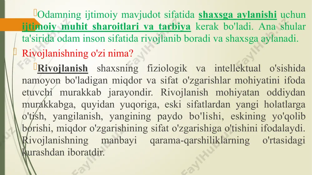 bilan bog'liq bo'lgan holat va hodisalar o'rgatiladi. bu jarayonda o'quvchi jamiyatga «kirishadi» va u bilan o'zaro munosabatda bo'ladi. ular ma'lum ijtimoiy tajriba (bilim, qadriyat, axloqiy qoida, ko'rsatma) orttiradilar, ya'ni, ijtimoiylashadilar. ijtimoiylashuv uzoq davom etadigan murakkab jarayon. chunki har qanday jamiyat rivojlanish jarayonida ijtimoiy va axloqiy qadriyatlar, ideallar, axloqiy me'yorlar va qoidalar tizimini ishlab chiqadi, har bir bola yuqoridagi qoidalarni qabul qilib, o'rganib mazkur jamiyatda yashash, uning a'zosi bo'lish imkoniyatiga ega bo'ladi. nazorat uchun savollar: «individ», «shaxs», «individuallik» tushunchalarini sharhlang. rivojlanish va shaxs rivojlanishini ta 'riflang. shaxsning shakllanishiga ta 'siretuvchi omillar haqida nimalarni bilasiz? shaxs faoliyati haqida so 'zlab bering. o'quvchilarning yosh xususiyatlarini tavsiflang. shaxsning ijtimoiylashuvini qanday tushunasiz? adabiyotlar ro`yxati. m.x. toxtaxodjayeva, s. nishonova, j. xasanboyev, m. usmonboyeva, s. madiyorova, a. qoldibekova, n. nishonova, n. saidaxmedov. pedagogika. t. 2010 y. tursunov i. nishonaliеv u. pеdagogika kursi. toshkеnt. 1997 y. a.h.munavvarov pеdagogika. toshkеnt. 1996 y. /docprops/thumbnail.jpeg