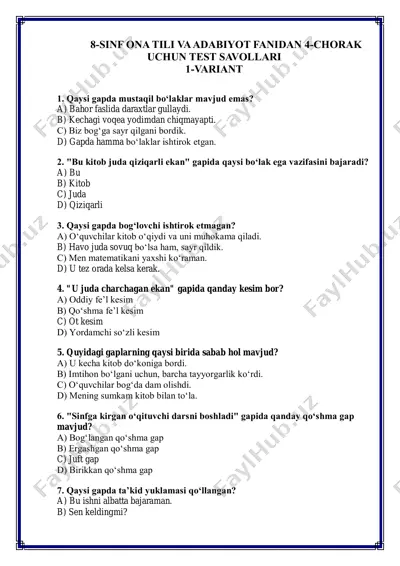 8-sinf ona tili va adabiyot fanidan 4-chorak uchun test savollari — PDF