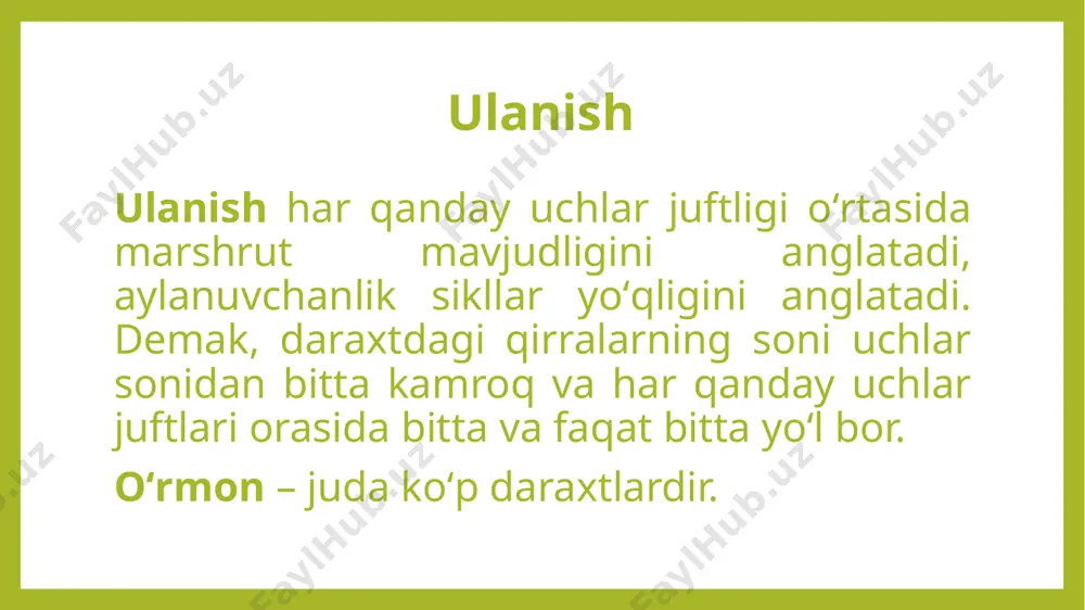 di: 1 5 2 6 6 2 1 3 mavzu yuzasidan savollar: daraxt ma‘lumotlar strukturasiga ta‘rif bering daraxtning eng asosiy tushunchalariga toʻxtalib oʻting pryufer kodini hosil qilish va qoʻlllanishi haqida gapiring daraxt ma‘lumotlar strukturasi qoʻllaniladigan sohalarga qaysilar kiradi? mustaqil ishlash uchun masalalar: quyidagi daraxtlarning pryufer kodini toping. quyidagi daraxtlarning pryufer kodini toping. e’tiboringiz uchun raxmat! image1.png image2.png image3.jpg image4.png image5.jpeg image6.jpg image7.jpg image8.jpg image9.png image10.jpg image11.jpg image12.jpg image13.jpg image14.jpg image15.png image16.jpg image17.png image18.jpg image19.jpg image20.png image21.png image22.png image23.jpg image24.png image25.png image26.png image27.png image28.png /docprops/thumbnail.jpeg