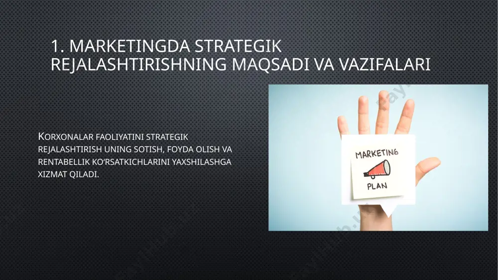 atlari samaradorligini oldindan baholash, marketing dasturini amalga oshirish boʻyicha nazorat chora-tadbirlari va harakatlari beriladi. marketing majmui dasturi jarayoni 5. maqsadli yondashish – marketing dasturining asosi marketing dasturlarini ishlab chiqishda maqsadli yondashish uslubiga asosan korxonaning moʻljallangan maqsadiga erishish va uni bajarilishini nazorat qilish resurslari va tadbirlari tizimi shakllantiriladi. корхона (фирма)нинг маркетинг дастури (бизнес режаси) таркиби қуйидагичадир: корхонанинг имкониятлари таҳлили (ҳолатли таҳлил) ривожланиш мақсадларини аниқлаш (маркетинг синтези). стратегияни ишлаб чиқиш. режани ишлаб чиқиш. назорат қилиш. marketing strategiyasi zaminida quyidagi besh talab (prinsip) mavjud, ular korxonalar faoliyatida hisobga olinishi mumkin: bozor bir xil emas, u oʻziga xos segmentlardan iborat. korxona bozorda bir yoki bir nechta segment talablarini nazarda tutishi mumkin. firma bozorda mustaqil yoki boshqa korxonalar bilan hamkorlikda faoliyat koʻrsatishi mumkin. marketing vositasini tanlashda, koʻproq bir-biriga mos va oʻzaro vazifalari bilan bir-birini toʻlgʻizib turuvchilarni ishga solishni koʻzda tutish kerak. korxonaning bozorga chiqishida iqtisodiy holatni har tomonlama hisobga olish talab etiladi. m.porter 3 xil …