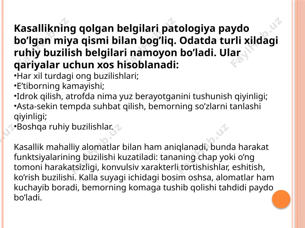 ydi, yaxshi chegaralangan. neoplazma miya atrofidagi to’qimaga o’sib kirishidan ko’ra uni ko’proq siljitadi. ko’p uchraydigan belgilar qon ketishlari, katta kalsifikatsiya sohalari. ependimoma ii daraja malignizatsiyali saratoni sifatida baholanadi. neoplazma qorincha tizimi va orqa miya qobiqlari orqali metastaz qiladi. bosh miya poyasi gliomalari bosh miya poyasi gliomalari — mutlaqo geterogen neoplazmalardir. kuzatuvlarning 60 foizida poya gliomalari past darajada malignizatsiyali o’smalar deb ta’riflanadi, lekin ba’zan hatto bir xil o’sma doriasida ham tuzilmaviy geterogenlik kuzatiladi. alomatlar kalla-miya nervlarning yadrosi patologik jarayonga qanchalik jalb etilganligiga qarab o’zini namoyon qiladi. gliomalar tarqoq, fokuslangan va aralash bo’lishi mumkin. miya o’smalarini tashxislash o’sma kalla suyagi ichida joylashgani sababli, ushbu kasallikni o’z vaqtida tashxislash qiyin bo’ladi. ba’zan katta o’lchamdagi o’simtalar zaif alomatlar bilan namoyon bo’ladi, kichik o’lchamdagilari esa yorqin alomatlar bilan. kasallik alomatlari zaif ifodalanar ekan, bemorlar kamdan-kam hollarda shifokorga murojaat qilishadi, faqatgina bemorning ahvoli jadal ravishda yomonlashib borayotgandagina bunga e’tibor qaratiladi. miya o’smalarini tashxislash turlicha usullarida amalga …