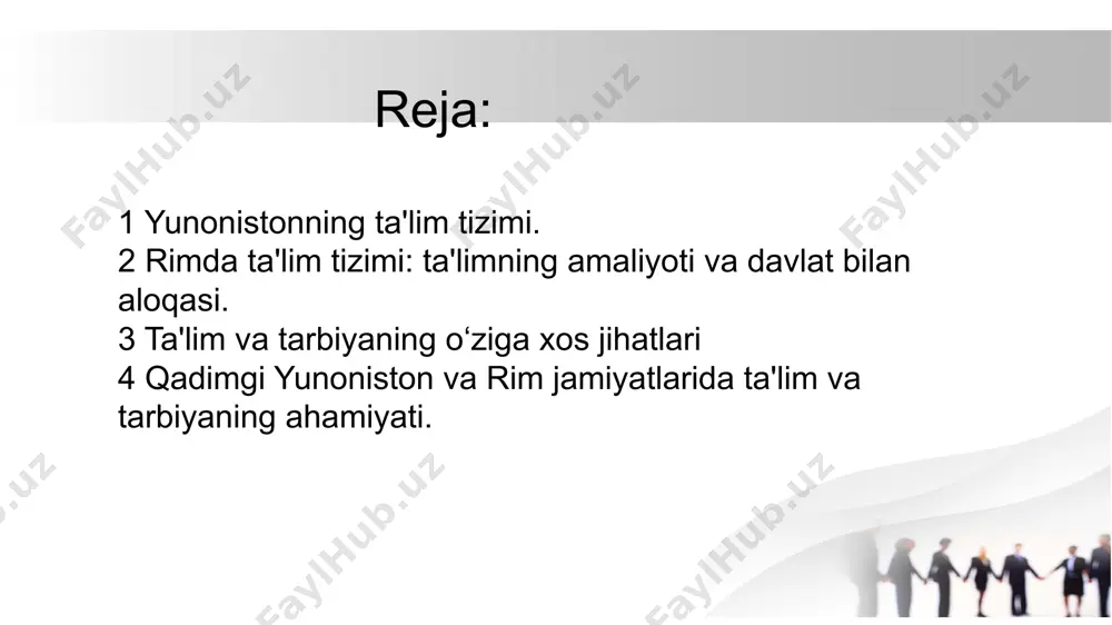 ir: 1. ta'limning amaliyoti rimda ta'limning asosi an'anaviy va amaliy bilimlarga tayangan. ta'lim tizimi quyidagi asosiy bosqichlardan iborat edi: boshlang‘ich ta'lim: bolalar o‘z oilalaridan boshlang‘ich ta'lim olishgan, ko‘pincha xususiy o‘qituvchilar yoki qullar tomonidan. o‘qish, yozish va hisoblash asoslari o‘rgatilgan. ota-onalar o‘z farzandlarini o‘qishga yo‘naltirgan, ammo bu asosan yuqori sinf va boy oilalar uchun xos edi. orta ta'lim: erkin fuqarolar uchun ta'lim ko‘pincha shaxsiy o‘qituvchilarga yoki maktablarda davom etgan. bu bosqichda tarix, falsafa, adabiyot, huquq va oratorlik o‘rgatilgan. oratorlik va huquq ta'limi, ayniqsa, senatorlar va siyosiy arboblar uchun zarur bo‘lgan. yuqaridagi ta'lim (filosofik, siyosiy, huquqiy): rimning yuqori qatlamlarida yoki elita vakillari uchun ta'lim davom etdi. bu o‘qishlarga falsafa, davlat boshqaruvi, huquq, va harbiy san'atlar kirgan. rimliklar uchun oratorlik san'ati juda muhim bo‘lib, bu san'at siyosat va sud ishlarida katta o‘rin tutgan. 2. ta'lim va davlat bilan aloqasi rimda ta'lim va davlat o‘rtasida mustahkam aloqalar mavjud edi: siyosiy mas'uliyatlar: rimda ta'lim tizimi …