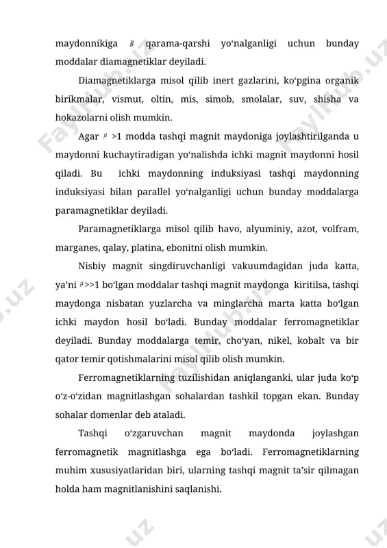 egri chiziq esa gisterezis sirtmog‘i deb ataladi (1-rasm). gisterezis sirtmog‘ining yuzi katta bo‘lgan ferromagnetik qattiq (magnit jihatdan) ferromagnetik deyiladi. ular turli xil maqsadlarda ishlatiladigan o‘zgarmas magnitlar yasash uchun mo‘ljallangan bo‘ladilar (2a- rasm). gisterezis sirtmog‘ining yuzi kichik bo‘lganlari esa yumshoq ferromagnetiklar deyiladi. bunday materiallar o‘zgarmas va o‘zgaruvchan magnit oqimlarining magnit o‘tkazuvchisi sifatida ishlatiladi. (2b- rasm) b b -h 0 +h h h a) b) 2 -rasm 2a – rasmda qattiq ferromagnetikning qayta magnitlanishdagi gisterezis sirmog‘ini yuzi ko‘rsatilgan. 2b – rasmda esa yumshoq ferromagnetikning qayta magnitlanishidagi gisterezis sirtmog‘i yuzi ko‘rsatilgan. keyingi vaqtlarda gisterezis sirtmog‘i yuzi juda kichik bo‘lgan materiallar yaratildi. ular turli metall oksidlari aralashmasidan iborat bo‘lgan qotishmalar, masalan, nikel va rux, marganes va magniy kabilardir. ular ferritlar deb ataladi. ferritlarda qayta magnitlanish vaqtida kam energiya sarf bo‘ladi. hozirgi vaqtda ferritlar avtomatikada, hisoblash mashinalarida, radiotexnikada va boshqa sohalarda keng ishlatilmoqda. ferromagnit materiallar texnikada keng ishlatiladi. ulardan magnit ekranlar, tovushni magnit usulida yozib …