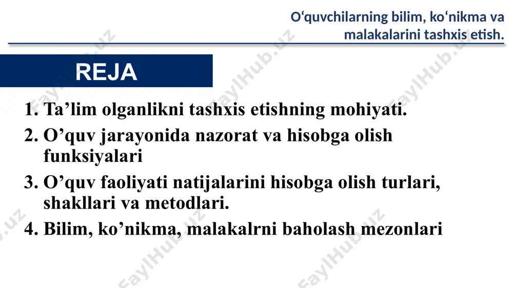 aholash. (isaacs et al, 2013) xulosalovchi (summativ) baholash: baho berish: ta’lim oluvchiga baho berish ta’lim beruvchiga baho berish tanlash: belgilangan talabga javob beradiganlarni tanlash cheklangan kvota sharoitida tanlash baholash vositalari: test yozma ish og‘zaki so‘rov loyiha portfolio … … … e’tiboringiz uchun rahmat! image1.jpg image2.jpg image3.jpeg image4.jpeg image5.jpeg image6.jpg image7.jpeg image8.jpeg image9.jpeg image10.jpeg image11.jpeg /docprops/thumbnail.jpeg