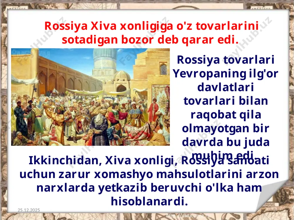 galladi. muzokaralar yakunida 1842-yilning 27-dekabrida xiva-rossiya o'rtasida «majburiyatlar akti» deb ataluvchi shartnoma imzolandi. aktda xiva xonining rossiya bilan tinchlik, mustahkam do'stlik munosabatida bo'lishi e'lon qilindi. bundan tashqari, aktda xiva xoniga: xivaning rossiyaga nisbatan dushmanlik harakatlaridan voz kechishi, savdo karvonlarining hamda qozoq qabilalarining talanishiga yo'l qo'ymaslik; rus asirlarini saqlamaslik; rossiya fuqarolarining shaxsiy va mulkiy xavfsizligini ta'minlash kabi majburiyatlar yuklandi. 26.06.2020 14 shuningdek, ikki davlat o'rtasidagi savdo aloqalariga ham katta e'tibor berildi. chunonchi, boj to'lovlari rossiya tovarlari qiymatining 5% miqdoridan oshmasligi belgilab qo'yildi. biroq «majburiyatlar akti» qog'ozda qolib ketdi. o'zaro munosabatlar keskinlashib bordi. 26.06.2020 15 image2.jpeg image3.jpeg image4.jpeg image5.jpeg image6.jpeg image7.jpg image8.jpg image9.jpeg image10.jpeg image11.jpeg image12.jpeg image13.jpeg image14.jpeg image15.jpeg image16.jpg image17.jpeg image18.jpeg image19.jpeg image1.jpeg